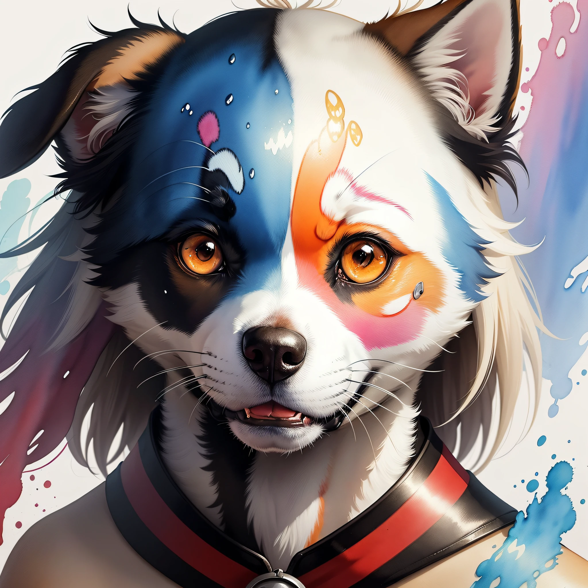 wtrcolor style, Digital art of (dog character), official art, frontal, smiling, masterpiece, Beautiful, ((watercolor)), face paint, paint splatter, intricate details. Highly detailed, detailed eyes, [dripping:0.5], Trending on artstation, by Rachel Walker