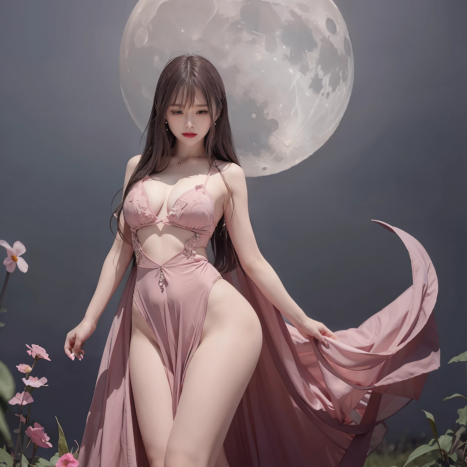 (goddess of the moon:1.2, Pink moon:1.3, Fantasy Like:1.2, beautiful fantasy, Beauty as the moon, ethereal fantasy, Dress like fantasy, Pink dress, Beautiful Moon Goddess, the moon behind her, in front of the moon:1.1, beautiful fantasy, space flower fairy, Soft moonlight illumination, Under the moonlight, Dreamy atmosphere in the moonlight, Moon, aion)