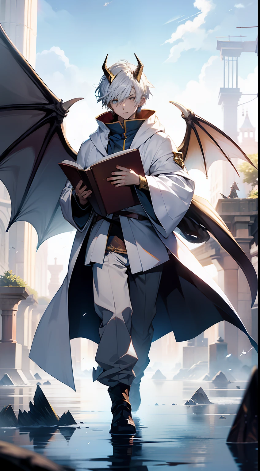 An anime boy wearing white wizard clothes holding a floating book with dragon horns and dragon wings, short white hair