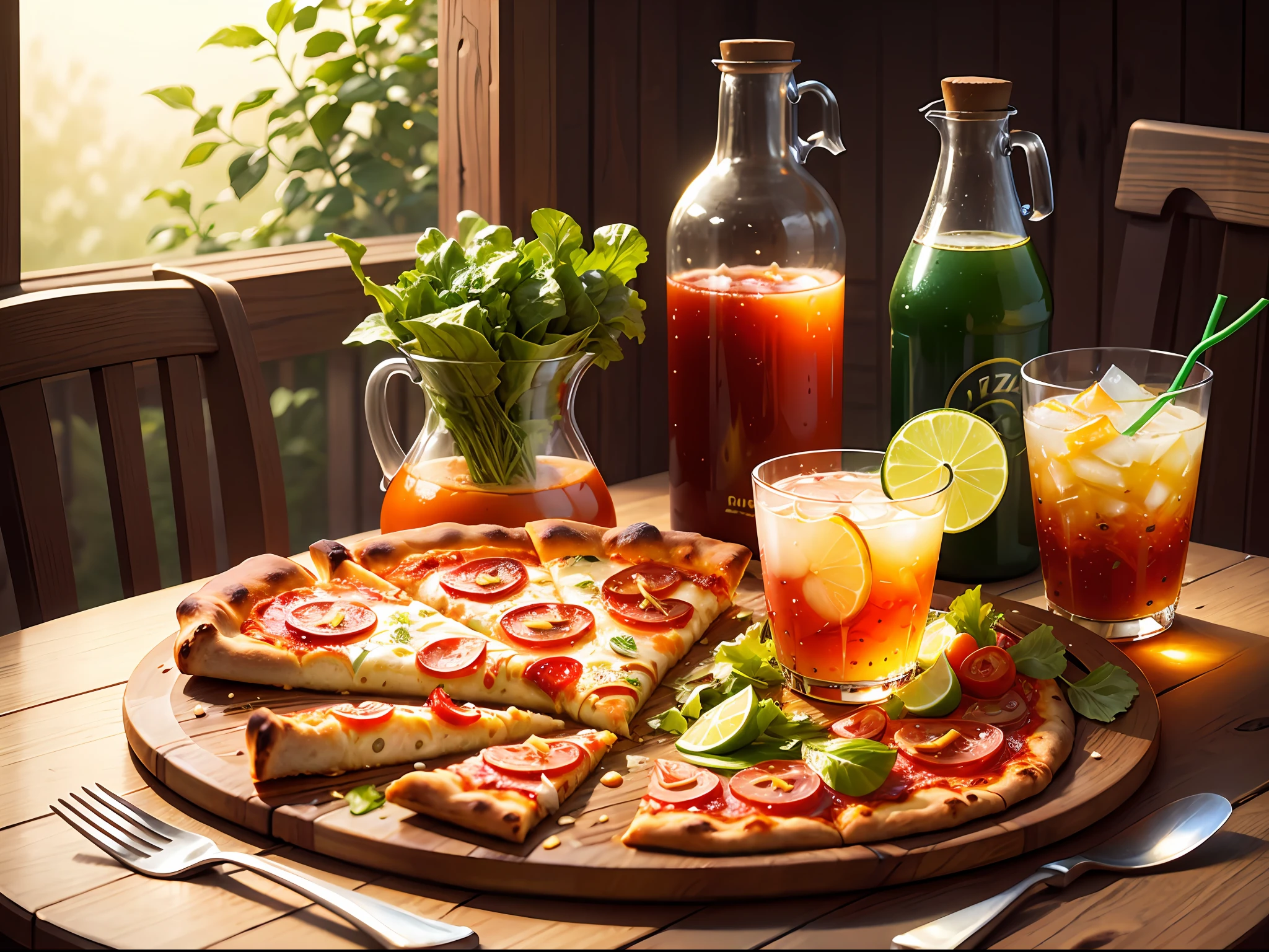 Pizza, drinks, salad and vinegar on the table --auto