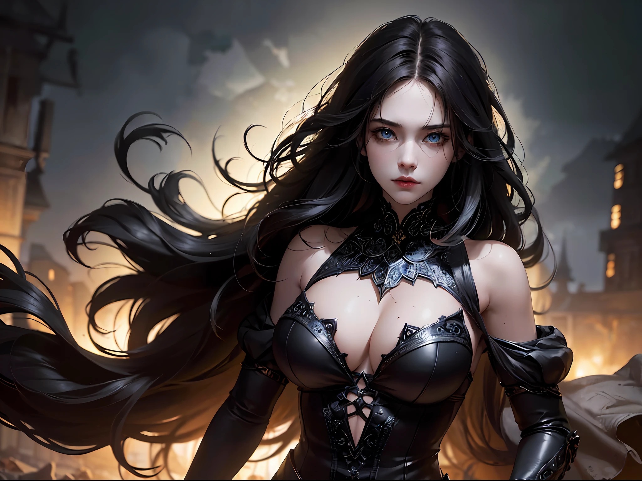(1girl),a nordic goddess, perfect body, closed mouth, dressed in the most intricate and detailed clothing worn by the gods, long black hair, the most perfect woman, beautiful, extraordinary woman, (big breasts), blue eyes, (dark shot:1.4), art by greg rutkowski and artgerm, soft cinematic light, adobe lightroom, photolab, hdr, intricate, highly detailed, (depth of field:1.4) hyperdetailed intricately detailed gothic art trending on Artstation triadic colors Unreal Engine 5 detailed matte painting, deep color, fantastical, intricate detail, splash screen, complementary colors, fantasy concept art, 8k resolution, ((perfect body)), ((perfect eyes)), HDR (High Dynamic Range), Ray Tracing, NVIDIA RTX, Super-Resolution, Unreal 5, detailed complex busy background, messy, gorgeous, highly detailed skin, clear focus, volumetric fog, 8k uhd, DSLR, high quality, Ray Tracing, NVIDIA RTX, (((dark background)))