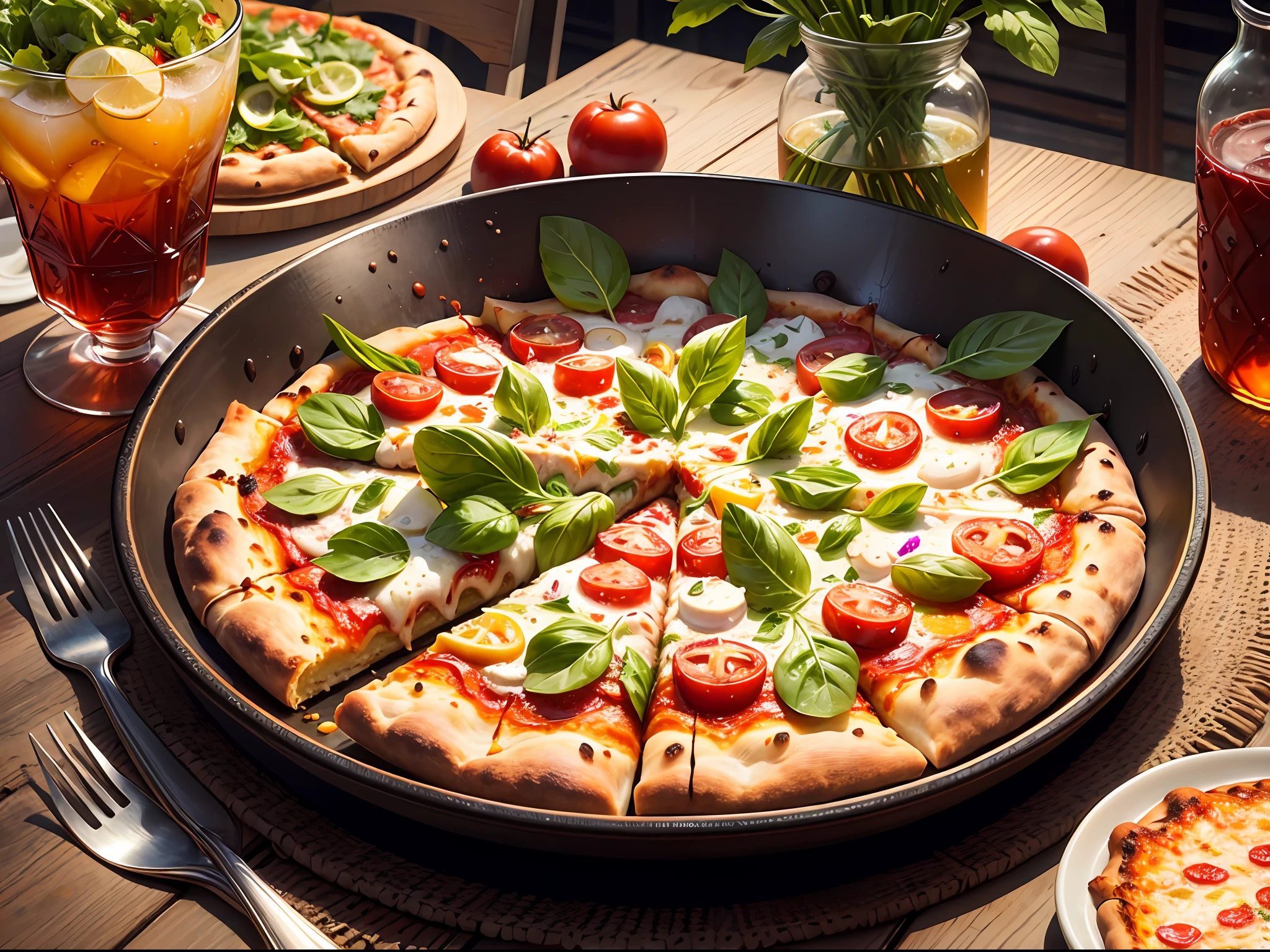 Pizza, drinks, salad and vinegar on the table --auto