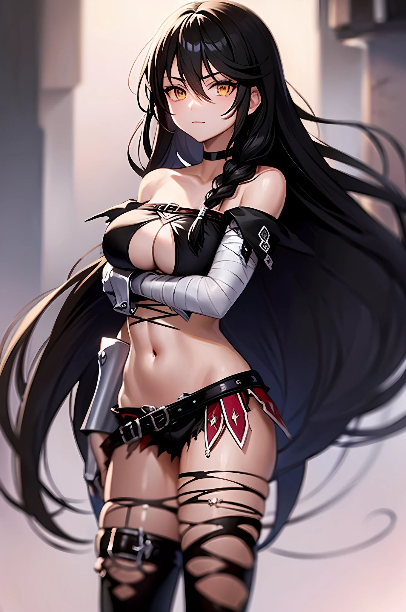 velvet crowe, 1girl, bandaged arm, bandages, bangs, black choker, black hair, braid, breasts, brown eyes, choker, cleavage, closed mouth, collarbone, hair between eyes, hair over shoulder, long hair, looking at viewer, medium breasts, single braid, solo, torn clothes, underboob, upper body, very long hair, yellow eyes,slightly smile,