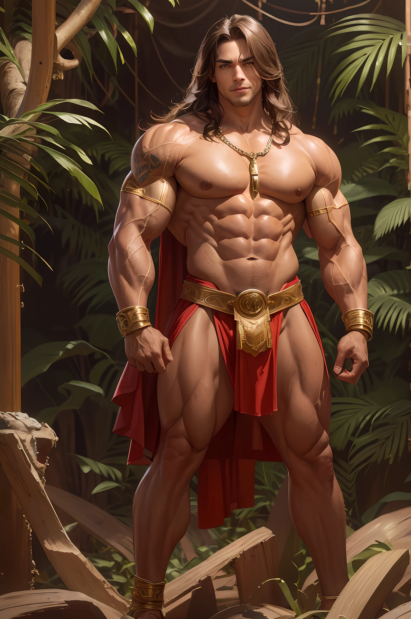 masterpiece, best quality, highres, realistic, absurdres, male focus, solo, portrait, (((whole body))), ((muscular)), bodybuilder, ((large pectorals)), (long brown hair), large, masculine, fantasy, realistic face, realistic eyes, (detailed facial features), wearing a scarlet red loincloth), gold amulet and armbands, dramatic pose, (grim smile), looking at viewer, alien jungle setting, big pecs, tanned skin,