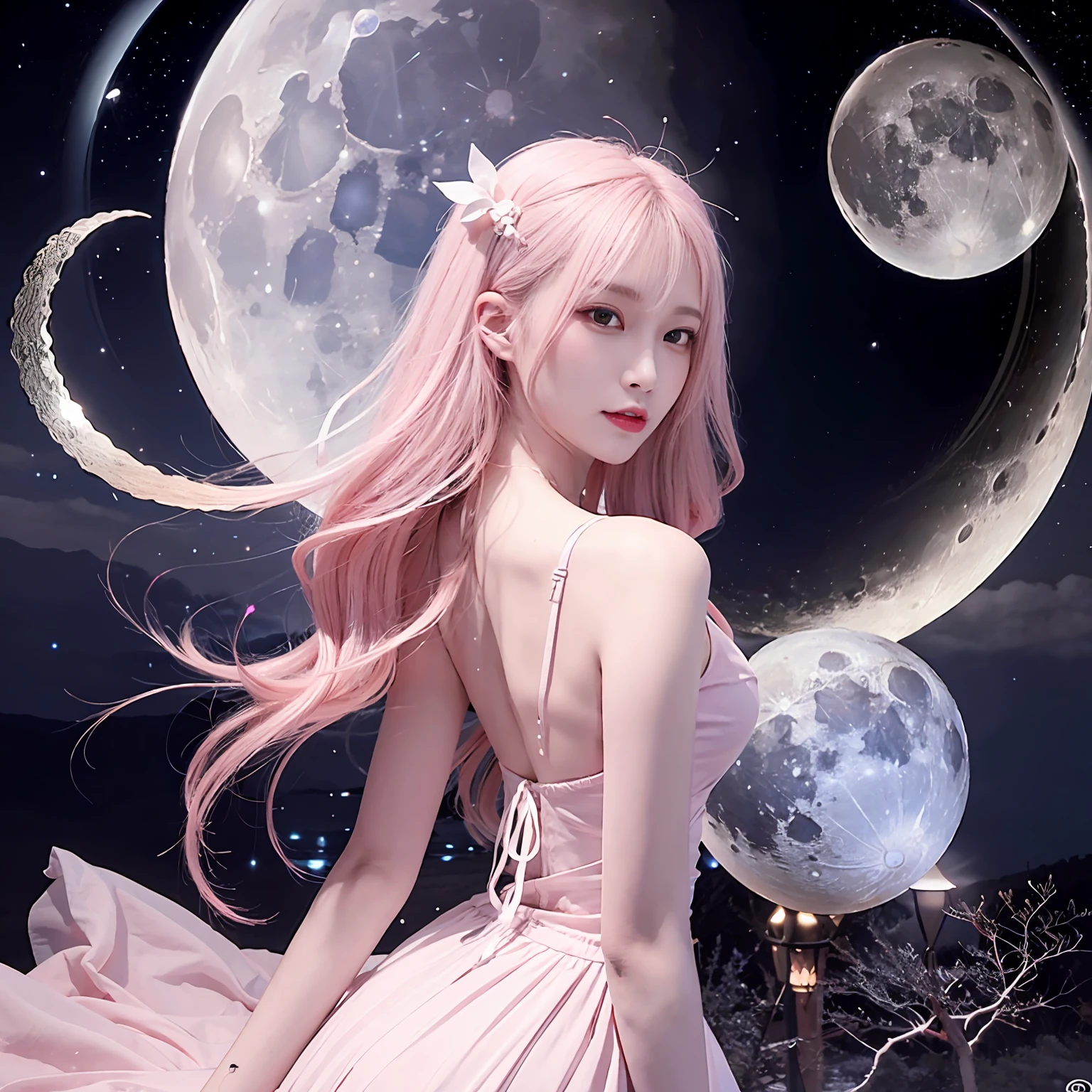 (goddess of the moon:1.2, Pink moon:1.3, Fantasy Like:1.2, beautiful fantasy, Beauty as the moon, ethereal fantasy, Dress like fantasy, Pink dress, Beautiful Moon Goddess, the moon behind her, in front of the moon:1.1, beautiful fantasy, space flower fairy, Soft moonlight illumination, Under the moonlight, Dreamy atmosphere in the moonlight, Moon, aion)