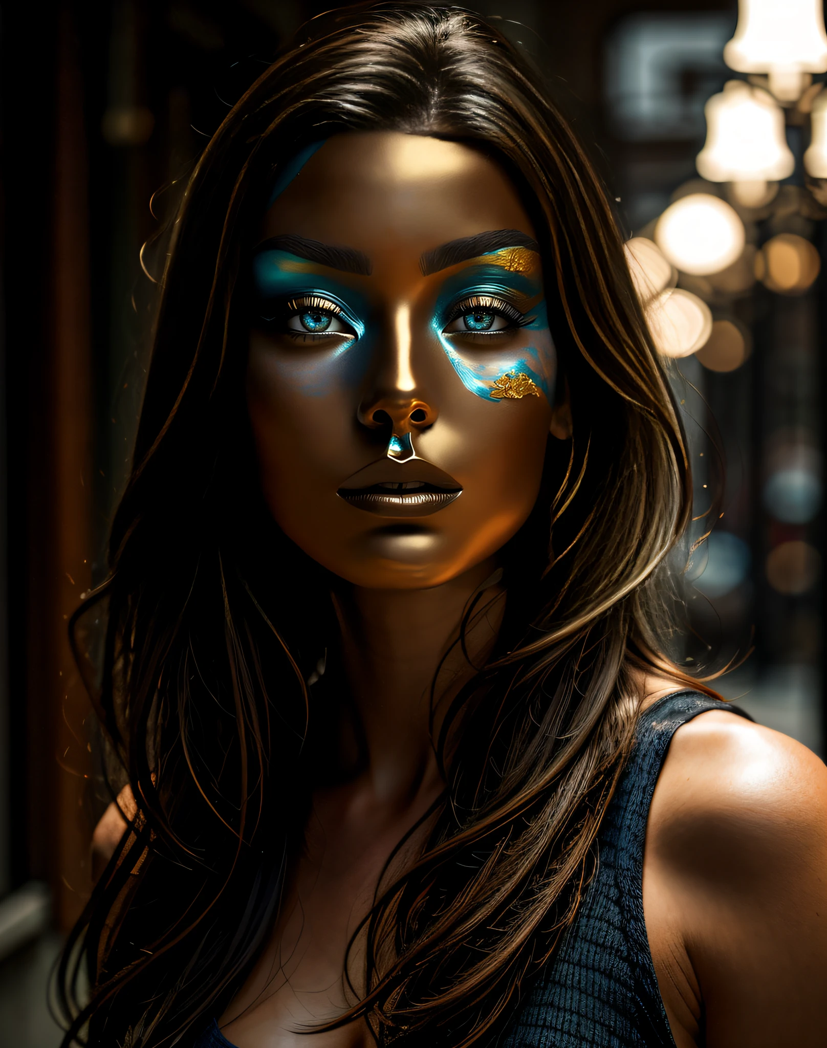 (masterpiece, best quality, beautiful art:1.4), face made of shiny bronze:1.4, perfect blue eyes, reflections, highly detailed, metallic texture, dramatic lighting, 8k