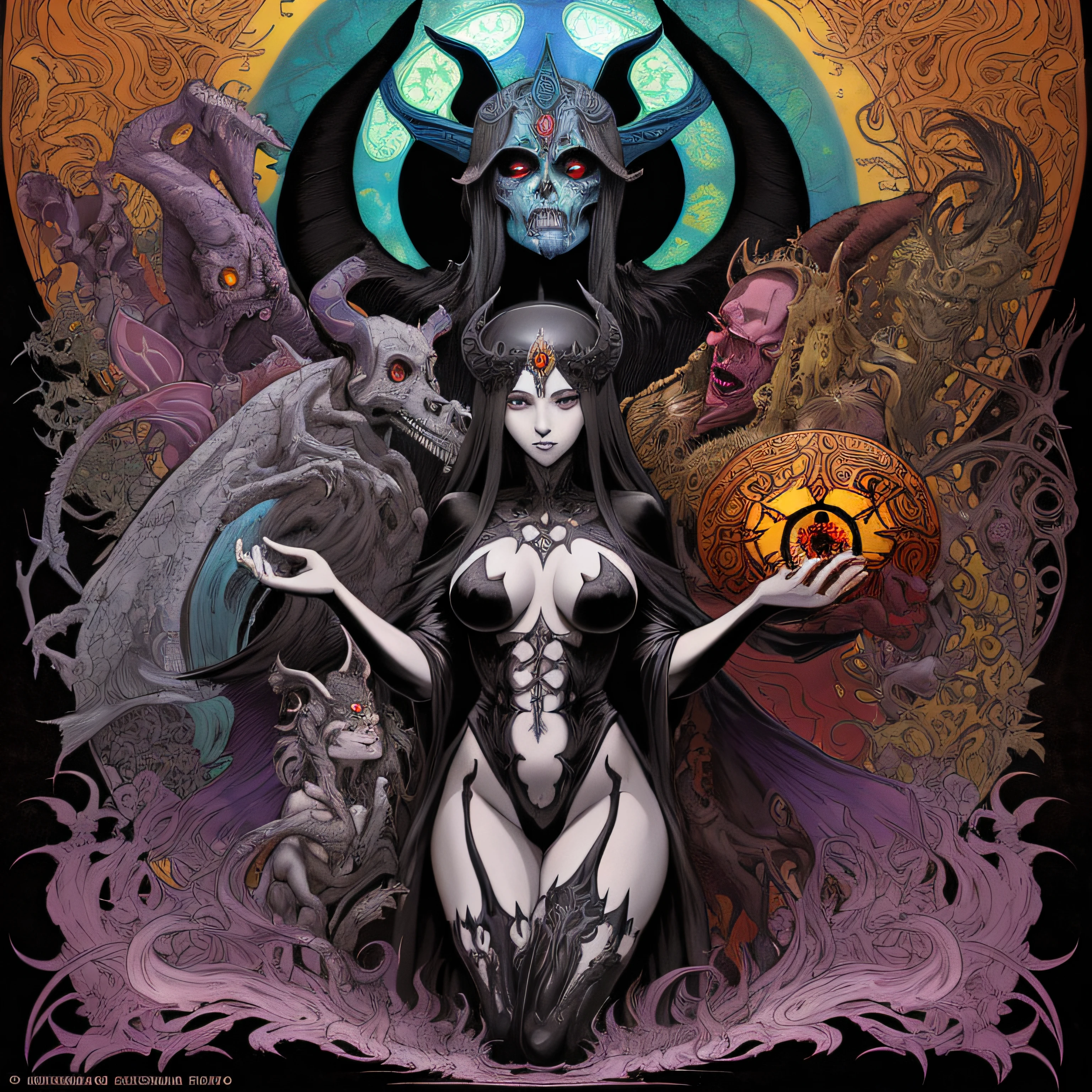 Un poster de una mujer pulpo, metal album cover art, Death metal album cover, album art, Metal album cover, album cover art, coronarender, 1 9 8 0's heavy metal Album cover, bodyhorror, power metal album cover, grindcore, Portada detallada, sangre, Saliva biohorror perturbadora, album cover art, blacklight poster, Black light velvet poster, Ilustraciones oficiales del cartel, El Bosco y Dan Mumford, in the art style of dan mumford, En el estilo Dan Mumford Artwork, in style of dark fantasy art, Black Light movie poster, Beksinski y Dan Mumford, black metal, Estilo Black Metal, Arte Lovecraft, Satanismo, pentacle, Satan, Diablo, Baphomet, insectos, Pagano, tarot, flores de la muerte, frutos, Art deco, estilo Alphonse Mucha, Art Nouveau Lilith, mucha. Modernismo. Gloomhaven, artem demura alphonse mucha, Martin entonces, hecate, James Jean & Alphonse Mucha, Mucha Tiffany Kilian Eng, alphonse mucha style, Cartel Art Nouveau, in style of dark fantasy art, Black Light movie poster, Beksinski y Dan Mumford, black metal, Estilo Black Metal, Hajime Sorayama Aaron Horkey, diosa. detalle extremadamente alto, Anna Dittman, Foto extremadamente detallada de la diosa, giger portrait of queen dragon, Arte oscuro altamente detallado, por Todd Lockwood, Godmachine, Mark Brooks detallado, por Chris Rahn, symmetrical epic fantasy art
