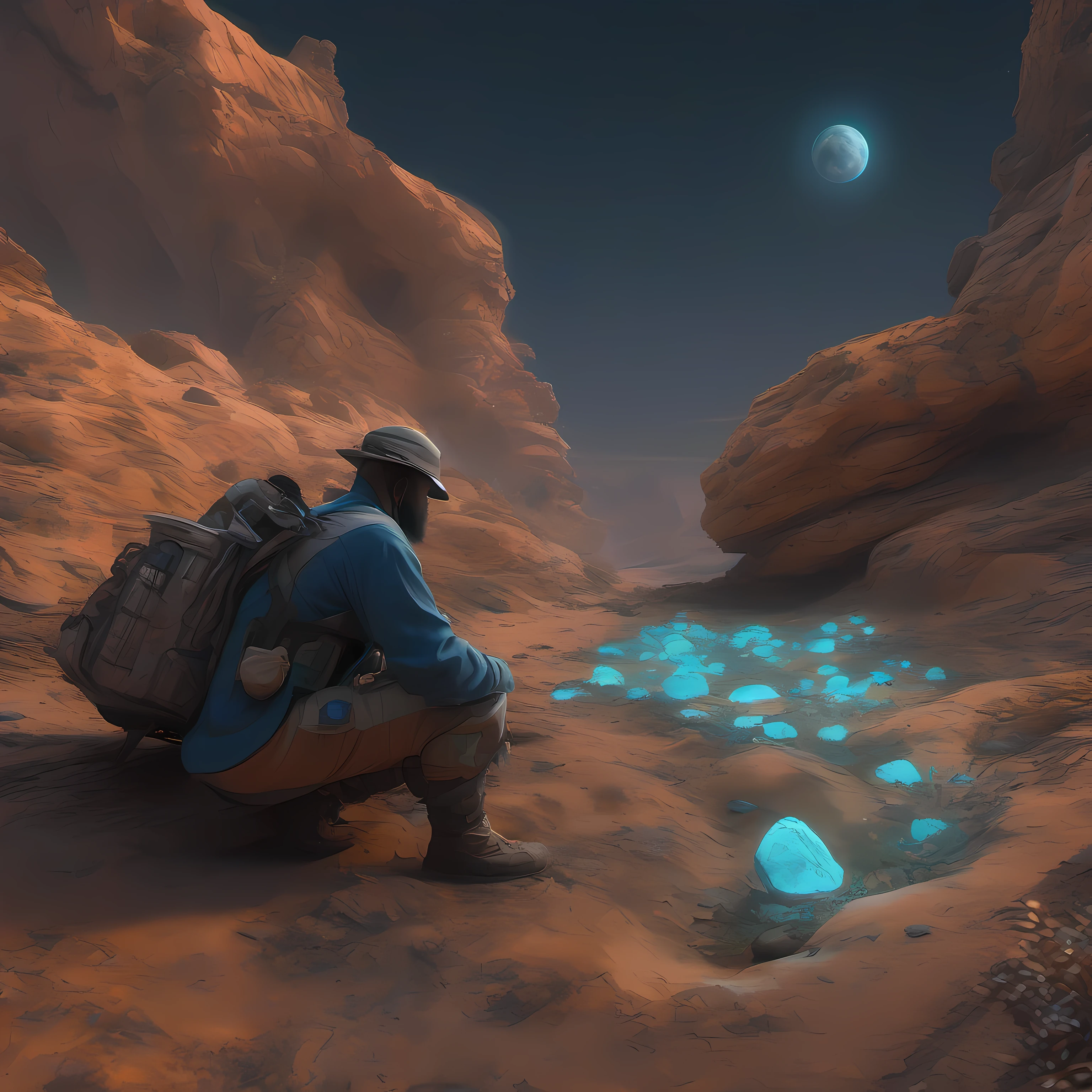On a distant planet with bioluminescent vegetation, a human explorer digs for rare ores, highly defined detail, 16K, highly defined details, 16K, inspired by Youssef Howayek highly detailed, hyper realistic, perfect artwork, masterpiece, best quality, highres, layered lighting,