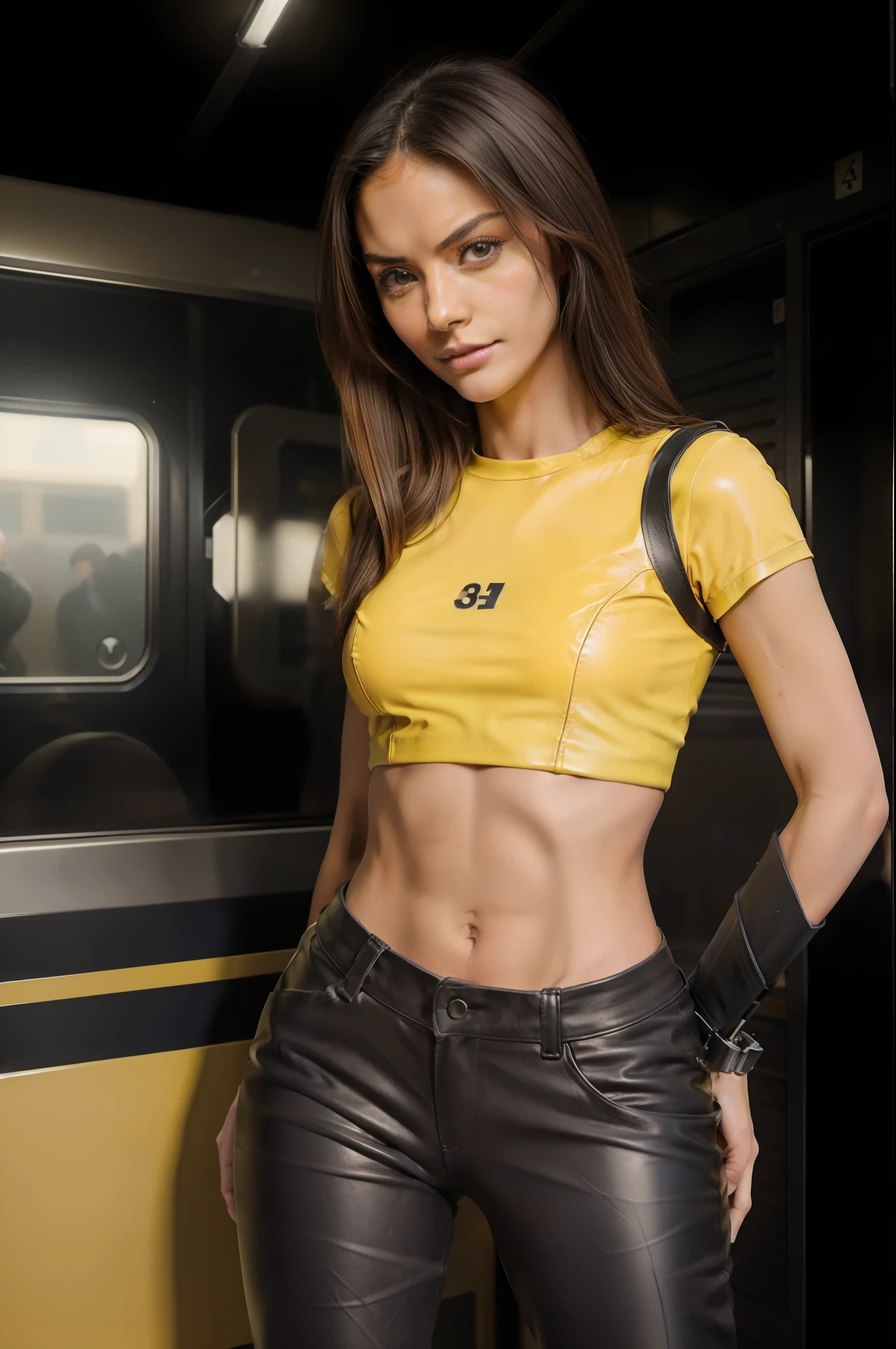 8k, ARTISTIC photography, best quality, masterpiece: 1.2), RAW photo, a (potrait:1.2) Crowded japanese train, girl , (armored vest 1. 8), wearing sunglasses, (skinny, flat chest, abs, toned:1. 5) sharp chine, fine details, fine-face, pretty face, (mechanical parts:1. 5) (((Olivia Ponton))), , 40k, photography, masterpiece, best quality, dark gray background, (sexy leather pants 1.3), (yellow shirt: 1.3), varied poses.