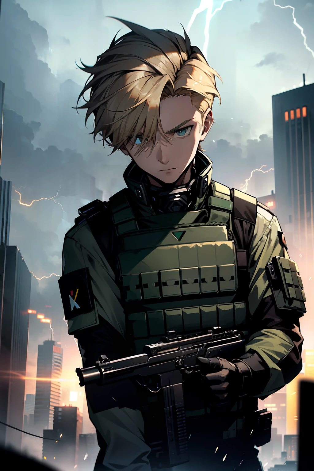 young man, medium blonde hair, 20s, black bulletproof vest, green army combat shirt, holding a submachine gun, in a thunderstorm, towers in the background