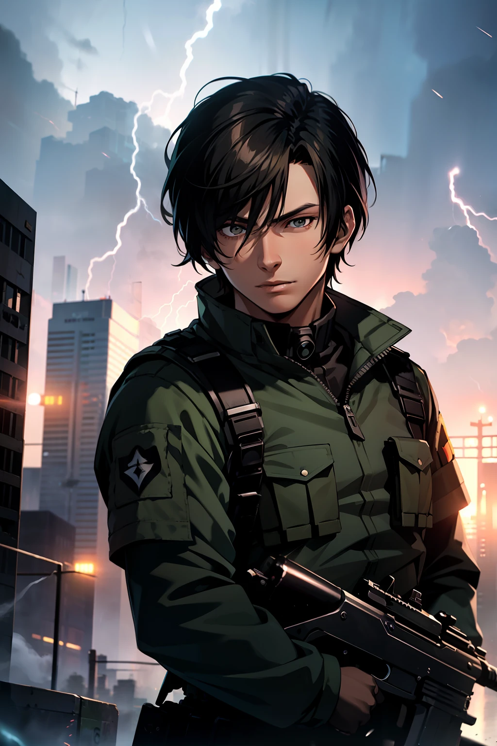 young man, medium black hair, 20 years old, leon kennedy face, black bulletproof vest, green army combat shirt, holding a submachine gun, in a thunderstorm, towers in the background