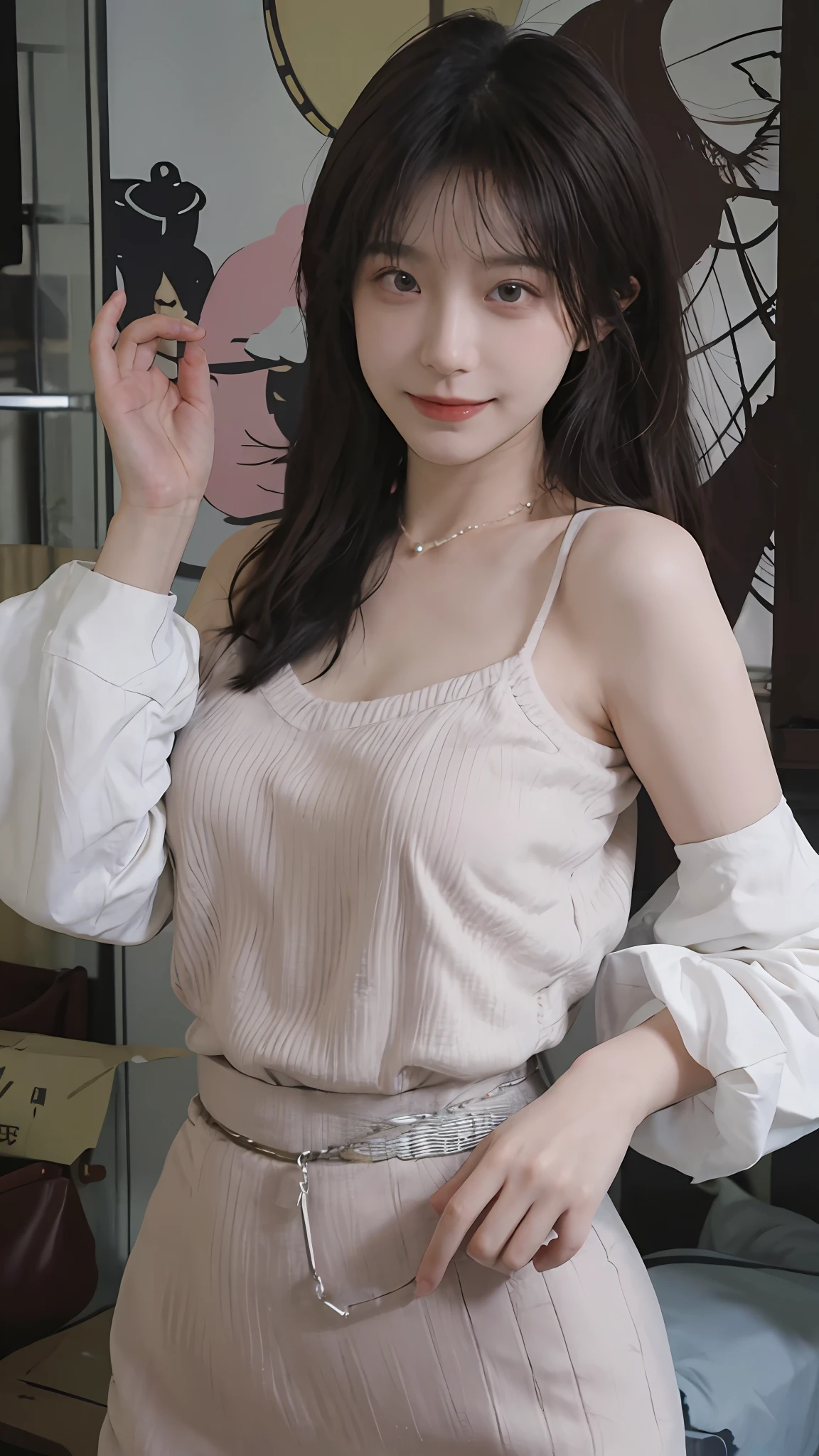 best qualtiy, 超高分辨率, (realisticlying:1.4),cute hairpin,Baoyu Girl,1girll, Beautiful woman with a slim figure:1.4, Abs:1.1, (A brown-haired, mideum breasts:1.3), Long pink sweater:1.1, 浴室,Ultra-fine face,Elaborate Eyes,二重まぶた,ssmile,choker necklace