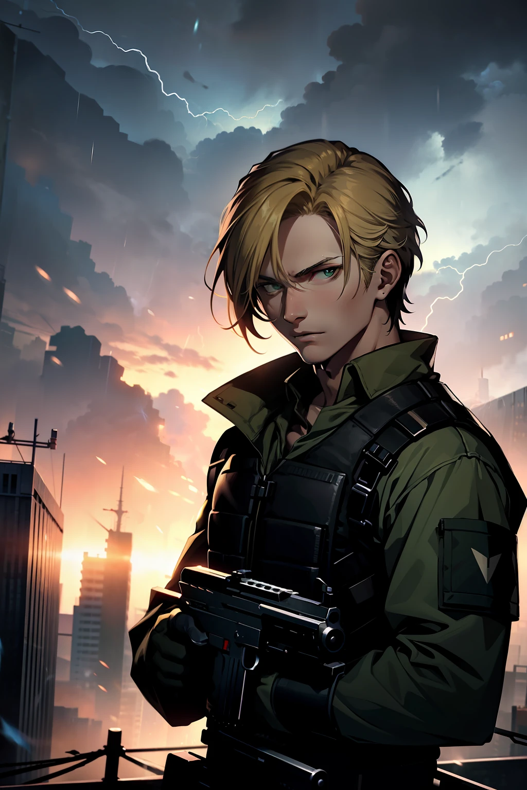 young man, leon  kennedy face, blonde hair, , black letter bulletproof vest, green army combat shirt, holding a submachine gun, in a thunderstorm, towers in the background