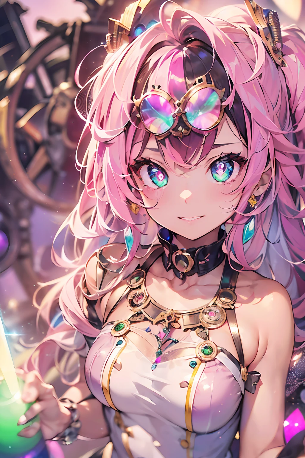 Steampunk style:2.hand over a bouquet:2、Steam engines、hour glass、gear wheel((masutepiece))),((ultra-detailliert,Best Quality, hight resolution, Beautiful clothes,)),fullllbody,Fulll body Shot (1 girl)((Pink hair, Long hair,Straight hair,two side up)) (Green eyes),eyeshadows, eye line,gloweyes, ultradetailed eyes, intricate eyes, Beautiful eyes, ((Glowing pink pupils))18-year-old girl、frilld.Smile .Retro background((High contrast RGB effect, LED effect, Kaleidoscope effect, Shining Effect, Ripple Effect, Glitter RGB effect))