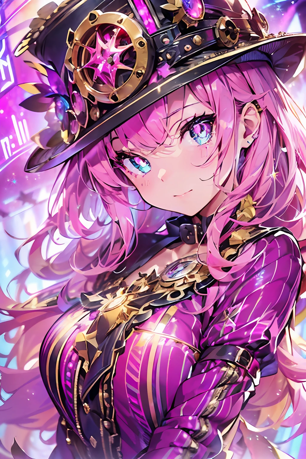 Steampunk style:2.hand over a bouquet:2、Steam engines、hour glass、gear wheel((masutepiece))),((ultra-detailliert,Best Quality, hight resolution, Beautiful clothes,)),fullllbody,Fulll body Shot (1 girl)((Pink hair, Long hair,Straight hair,two side up)) (Green eyes),eyeshadows, eye line,gloweyes, ultradetailed eyes, intricate eyes, Beautiful eyes, ((Glowing pink pupils))18-year-old girl、frilld.Smile .Retro background((High contrast RGB effect, LED effect, Kaleidoscope effect, Shining Effect, Ripple Effect, Glitter RGB effect))
