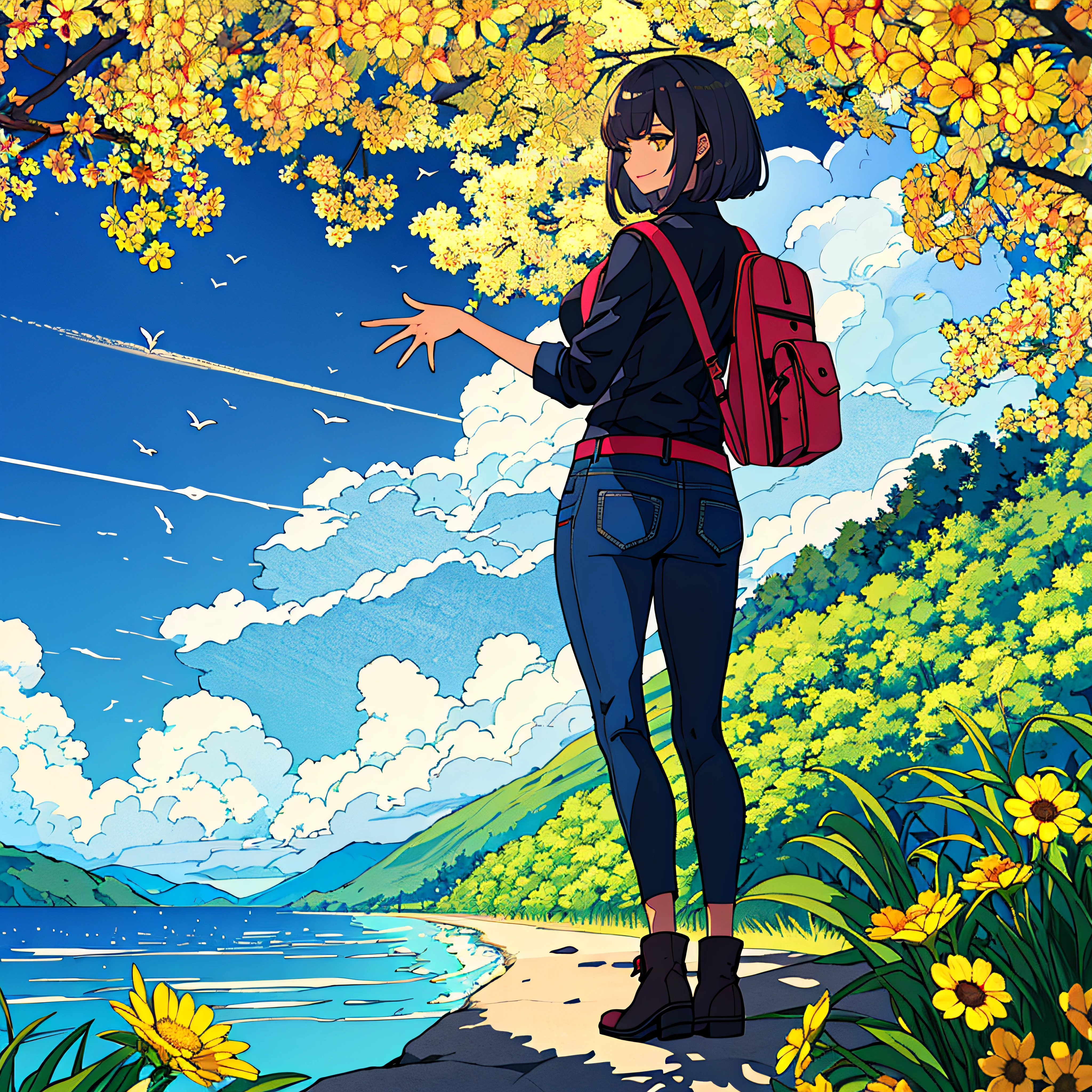 obra-prima, detalhe intrincado, melhor qualidade, captura de corpo inteiro, 1woman, dark skin, Woman standing looking to the side, uniforme explorer, jeans, botas, luvas, kalap, sorriso, dinamic pose, ornamento de cabelo, solo, cachoeira, rio, water, planta, flor, estrada: 1.1, olhando para o espectador, borboleta, tree, floresta, viagem, viajante, ornamento, mochila, mochileiro,