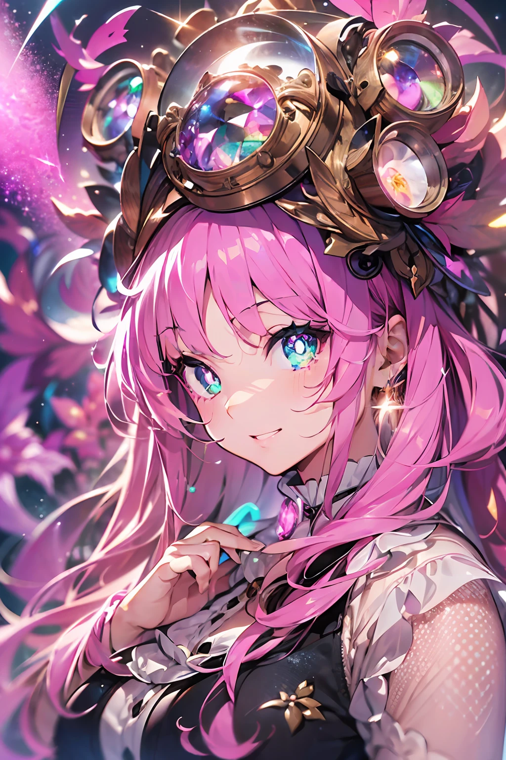 Steampunk style:2.hand over a bouquet:2、Steam engines、hour glass、gear wheel((masutepiece))),((ultra-detailliert,Best Quality, hight resolution, Beautiful clothes,)),fullllbody,Fulll body Shot (1 girl)((Pink hair, Long hair,Straight hair,two side up)) (Green eyes),eyeshadows, eye line,gloweyes, ultradetailed eyes, intricate eyes, Beautiful eyes, ((Glowing pink pupils))18-year-old girl、frilld.Smile .Retro background((High contrast RGB effect, LED effect, Kaleidoscope effect, Shining Effect, Ripple Effect, Glitter RGB effect))