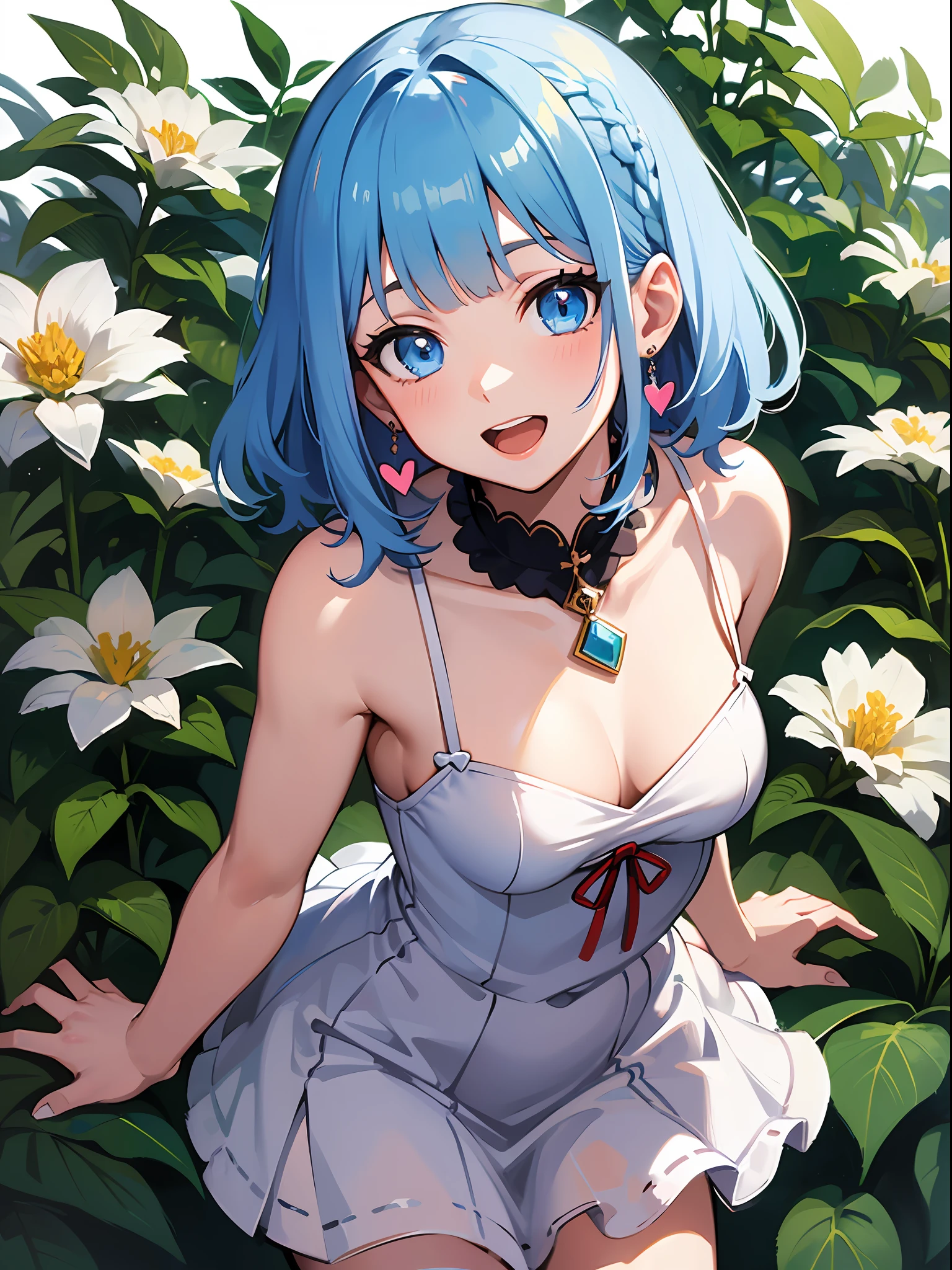(masterpiece:1.3), (best quality:1.3), high resolution, 


couboy shot, 
leaning forward, body facing forward, 

(one cute girl:1.3), solo, 
white skin, small Breast, eight-headed person, 
light blue hair, (bobbed hair:1.2), (short hair:1.1), (blunt bangs:1.2), beautiful hair, blue eyes, beautiful detailed eyes, 

open mouth, heart, cheerful smile, 

sleeveless dress, miniskirt, earrings, 

flower garden, (white background:1.2), simple background, 

shadowlighting,