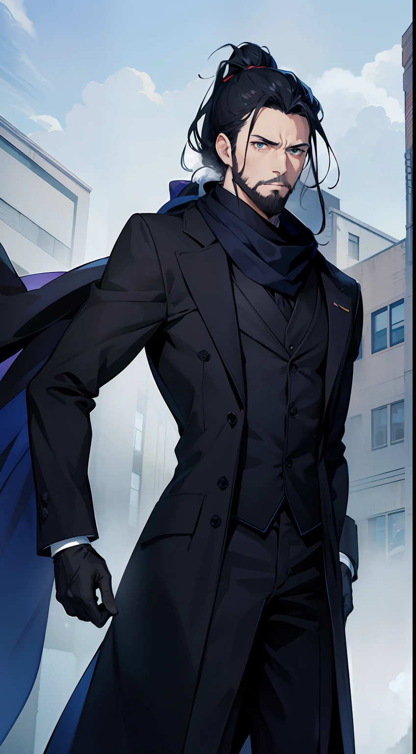 anime, man, long blue scarf, black suit, black overcoat, short ponytail, tiny beard, black gloves