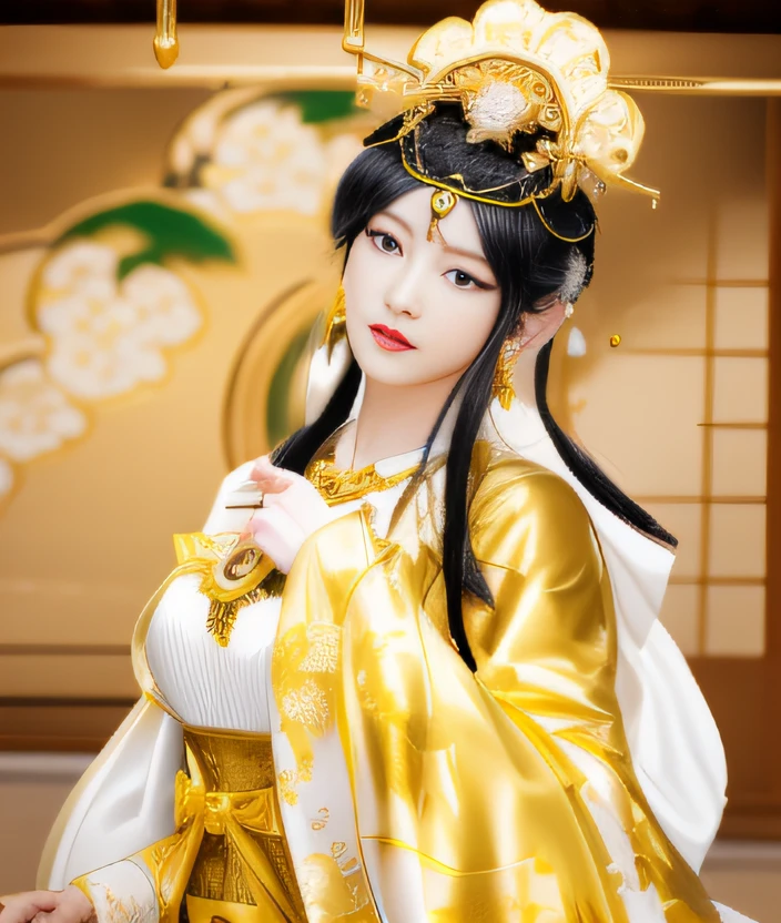Japan woman in gold headpiece and white dress,palatial palace