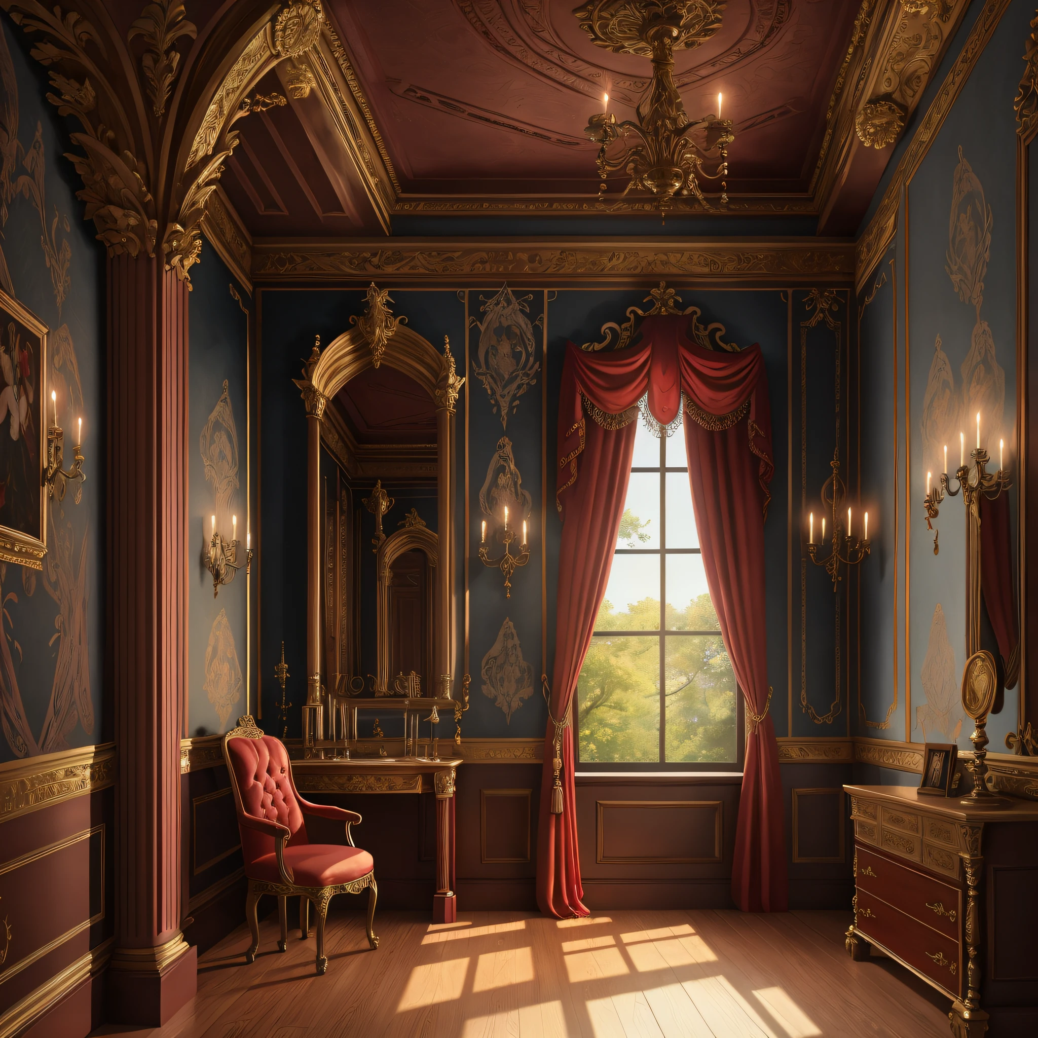 luxurious victorian era gothic bedroom interior detailed walls, rich ornate fabrics, (masterpiece:1.1) (painting:1.1) (weighted lines) (best quality) (detailed) (intricate) (8k) (HDR) (wallpaper) (cinematic lighting) (sharp focus)