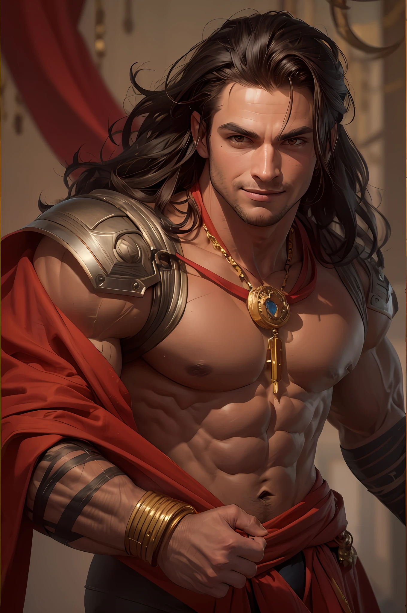 masterpiece, best quality, highres, realistic, absurdres, male focus, solo, portrait, (((whole body))), ((muscular)), bodybuilder, ((large pectorals)), (long brown hair), large, masculine, fantasy, realistic face, realistic eyes, (detailed facial features), wearing a scarlet red loincloth), gold amulet and armbands, dramatic pose, (grim smile), looking at viewer, alien jungle setting, big pecs, tanned skin,