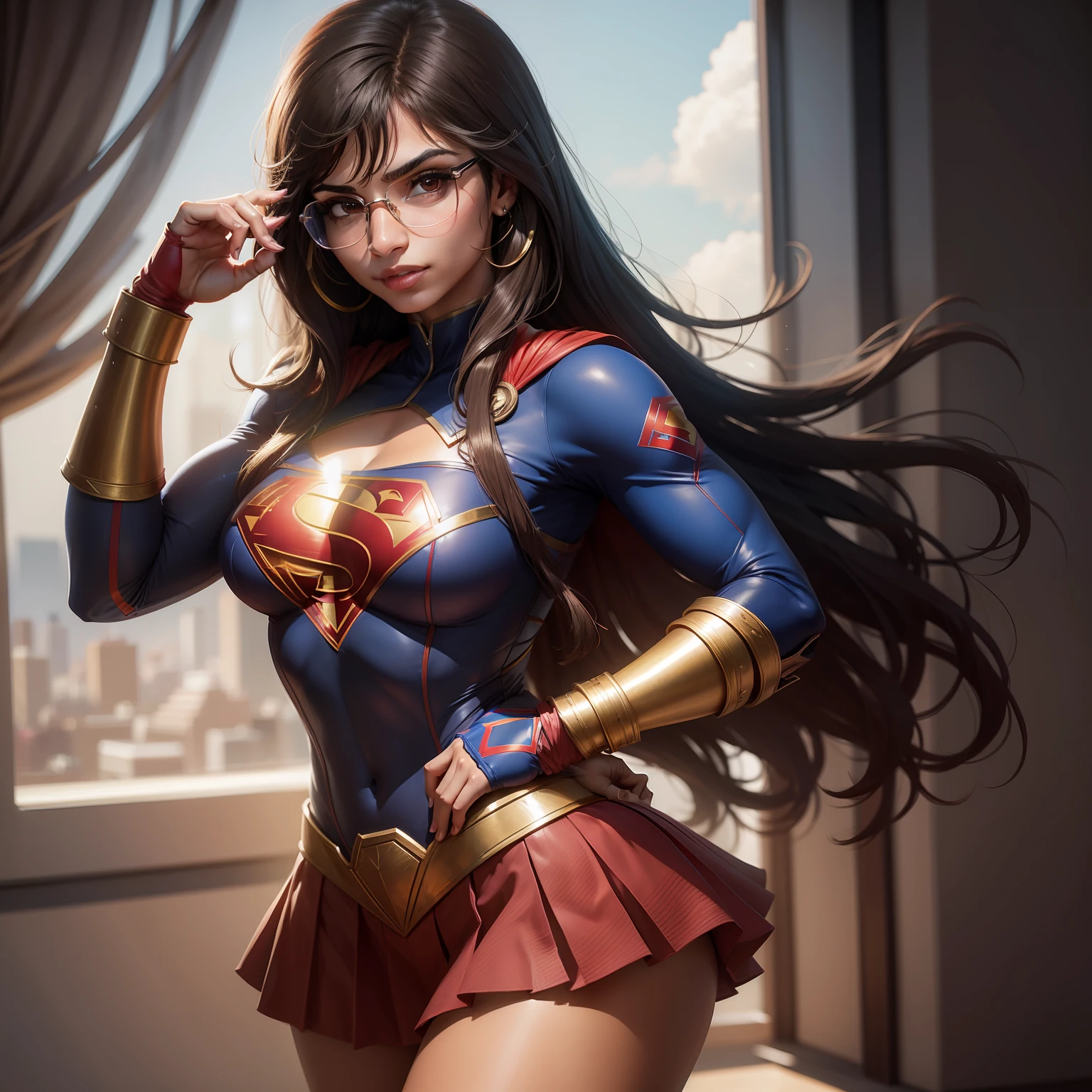 Mia Khalifa,Mulher bonita cabelo curto corpo definido seios grandes, vestindo cosplay de Supergirl, realistic hands and