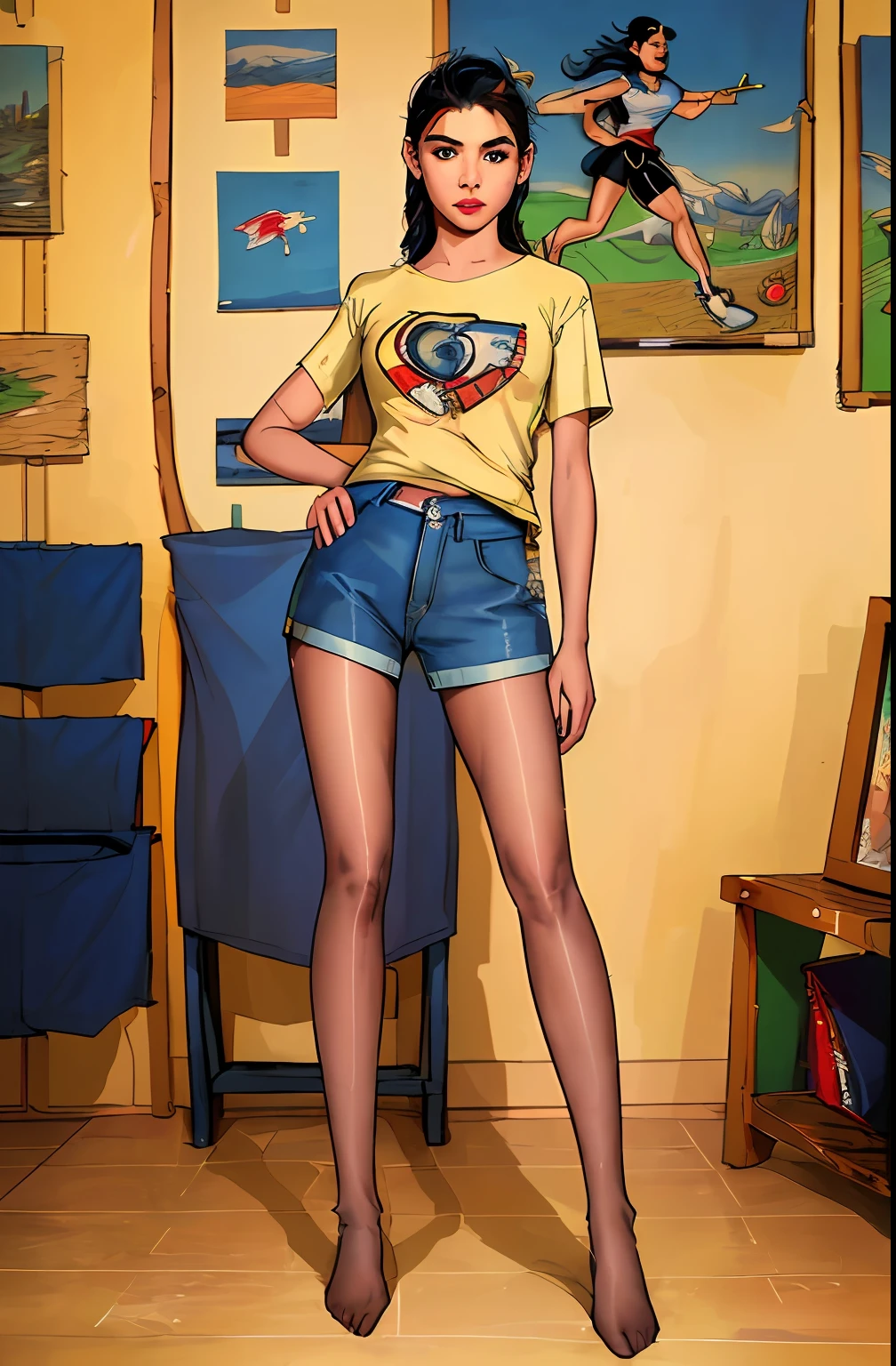 Full body view, feet in view, comics style, (((masterpiece))), high resolution, gamer girl, nerd, 16 years old, beautiful, cute, in her bedroom, sweat shorts, pantyhose, casual t-shirt, fabric detail, dyed hair, (intricate fabric:1.1), photorealistic, UHD, HDR, very detailed, (trending on artstation:1.3), Rolling Stone shoot