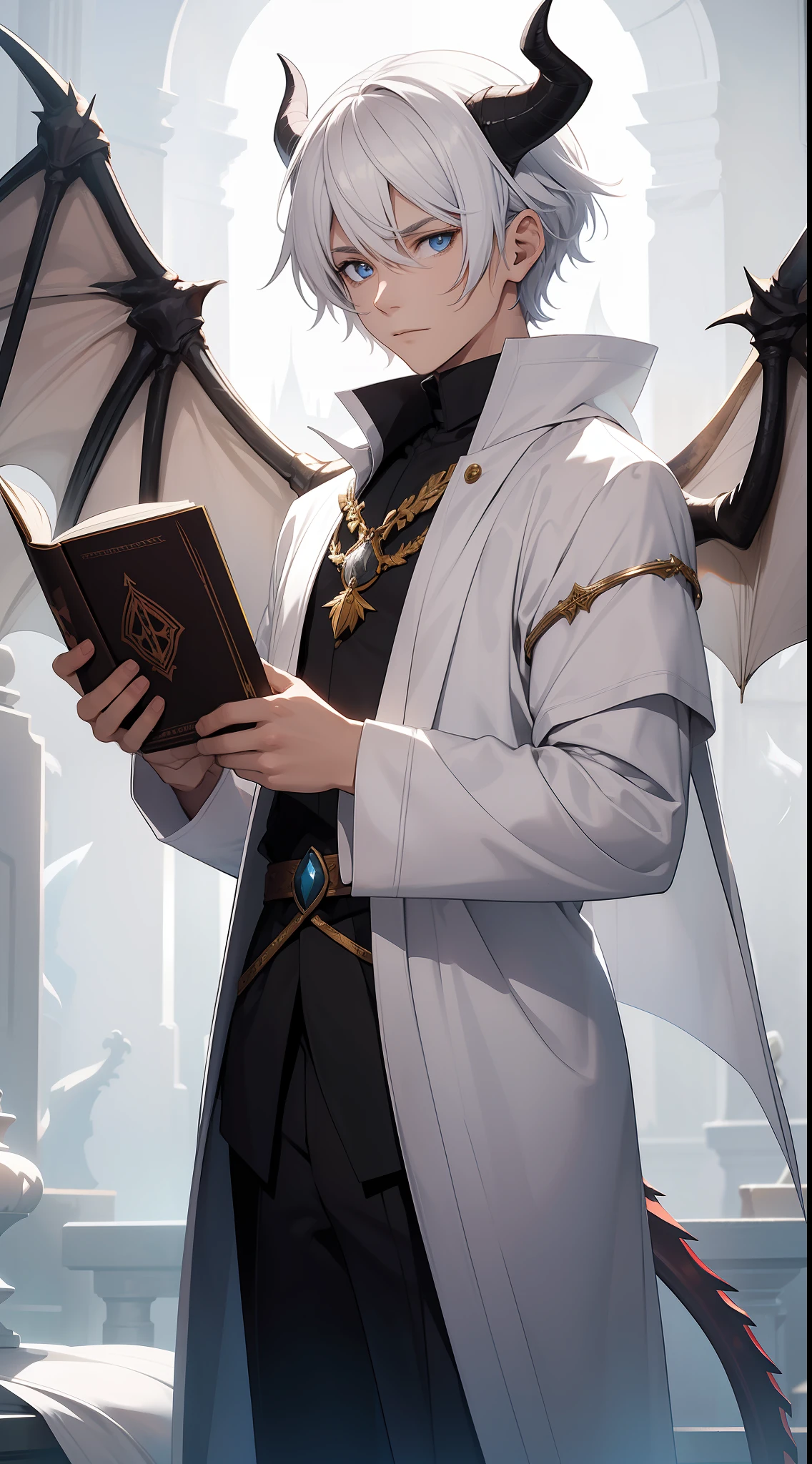 a guy wearing white sorcerer clothes holding a book with dragon horns and dragon wings, short white hair