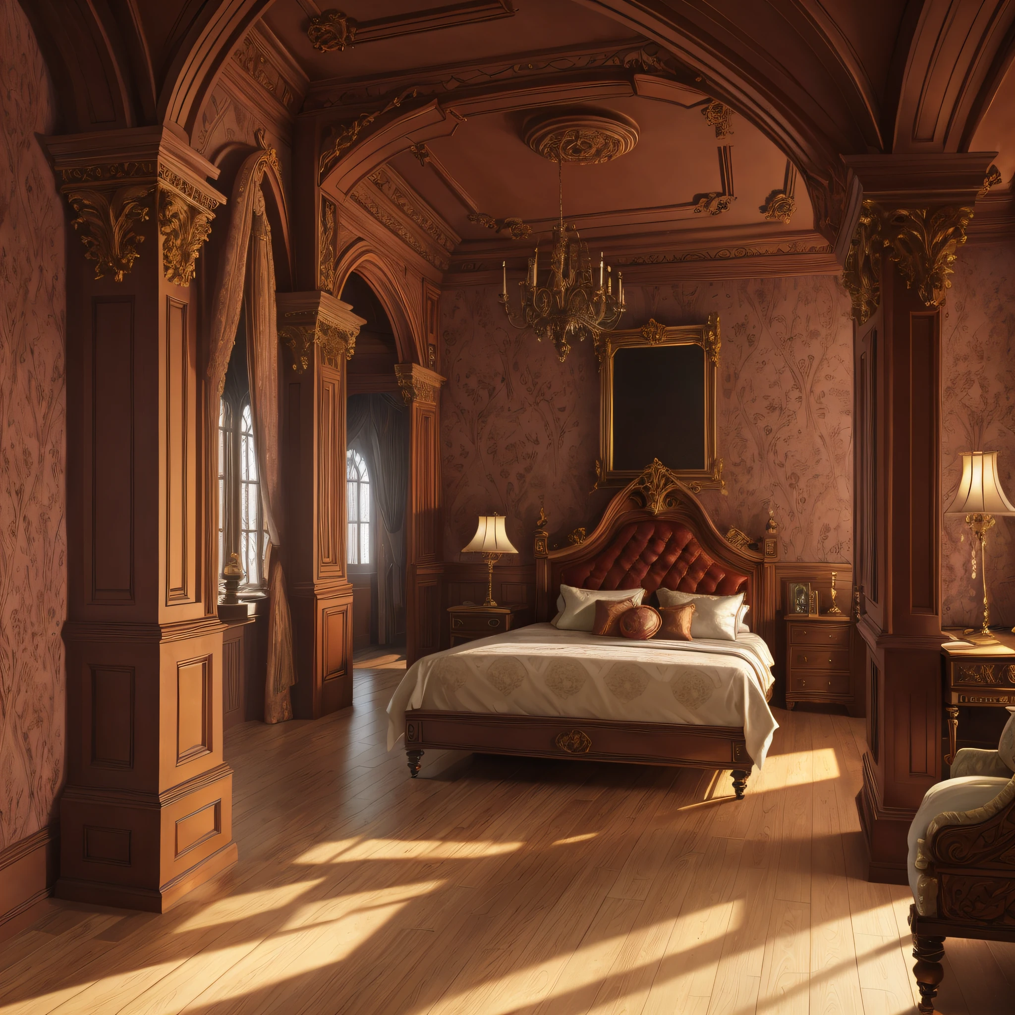 luxurious victorian era gothic bedroom interior detailed walls, rich ornate fabrics, (masterpiece:1.1) (painting:1.1) (weighted lines) (best quality) (detailed) (intricate) (8k) (HDR) (wallpaper) (cinematic lighting) (sharp focus)