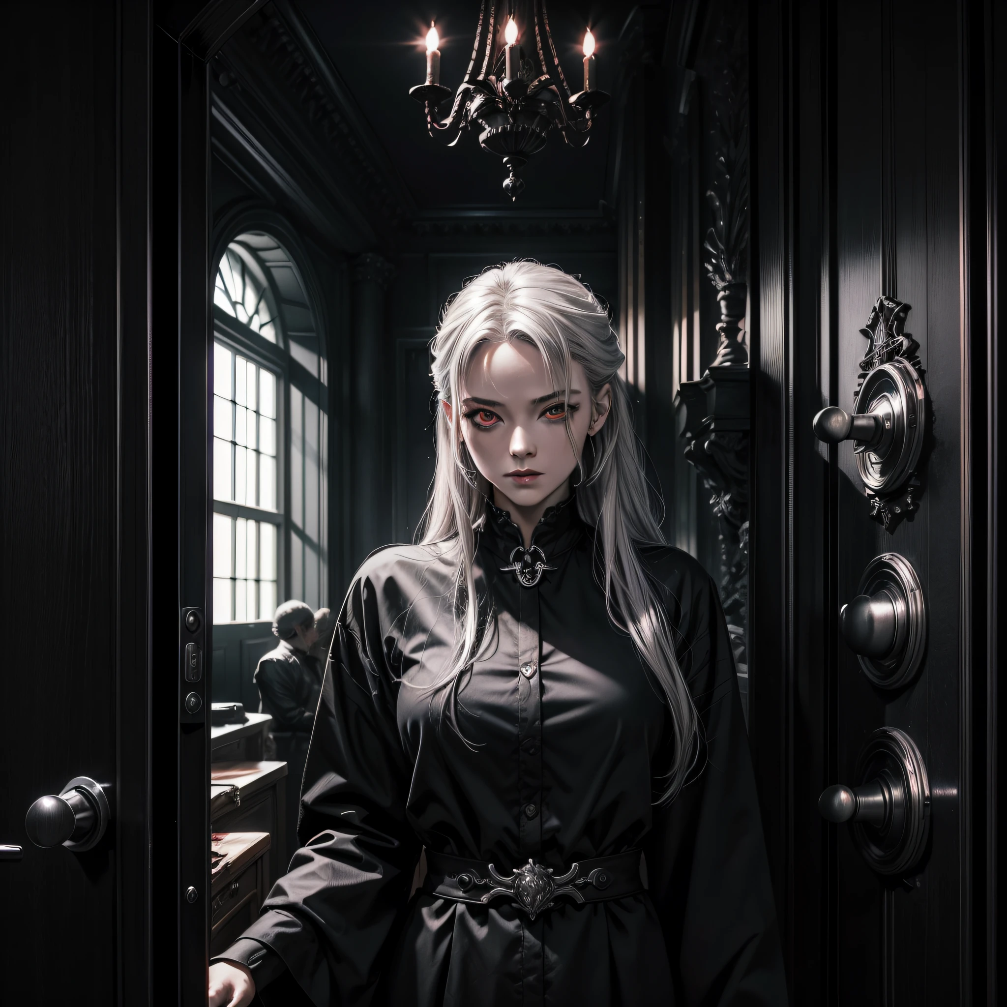 Hell's Door、Huge door、Jet-black door、Steel Door、Closed door、Guide to Female Butler、demon tattoo、Silver-haired、Bright red eyes、Fine-grained beautiful skin、Murderous gaze