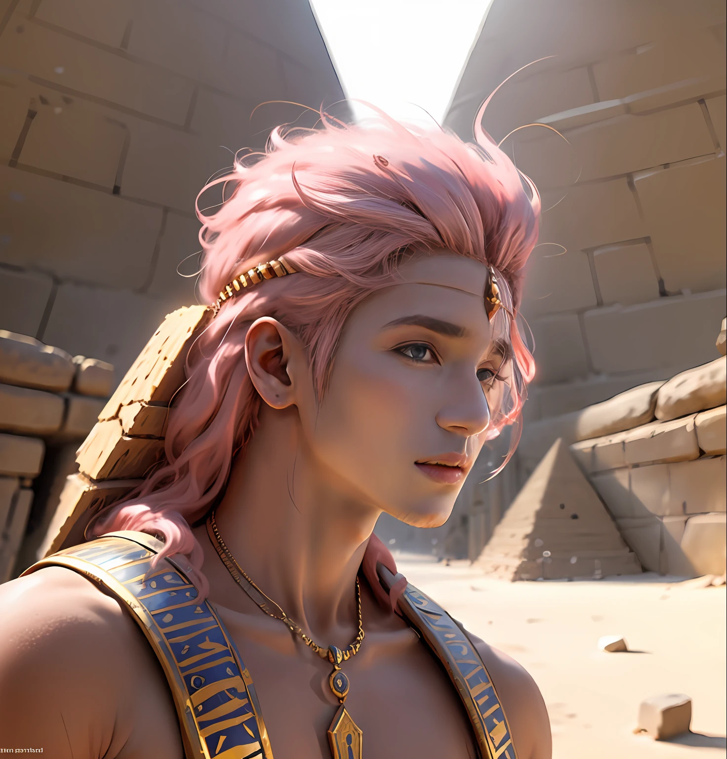 A 15-year-old boy with pink hair is a man who has honey-colored eyes in the background of ancient Egypt you can see the pyramids