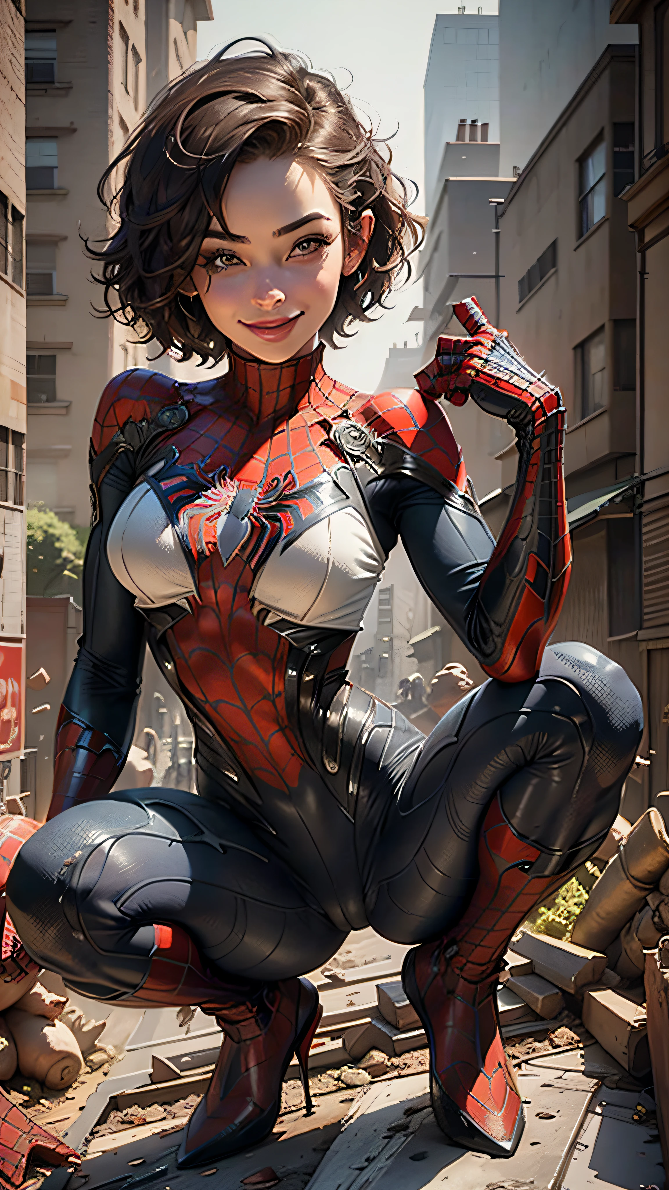 Beautiful woman detailed defined body using Spider-Man role-playing,small breasts,smiled,exquisite facial features,with short hair,Squat on the roof of a tall building