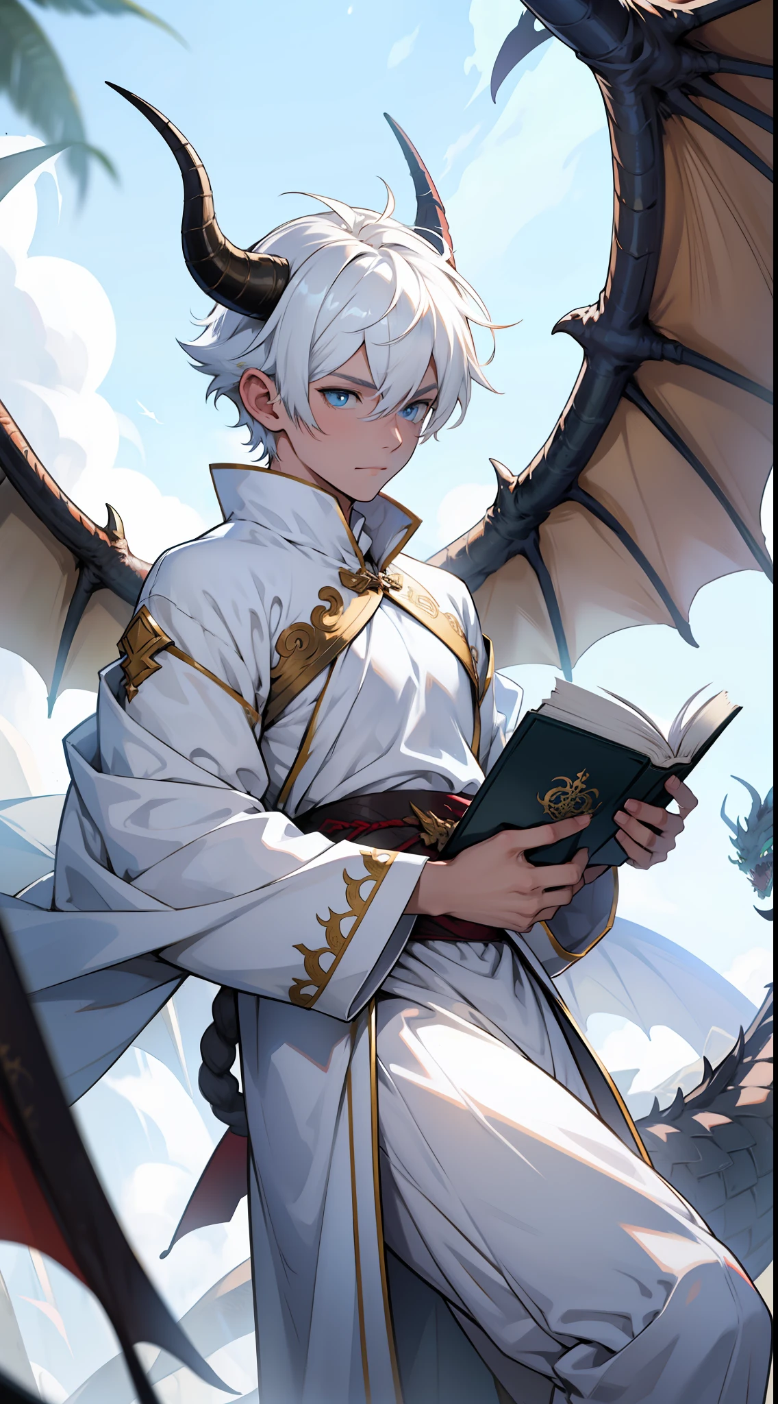 a boy wearing white sorcerer clothes holding a book with dragon horns and dragon wings, short white hair