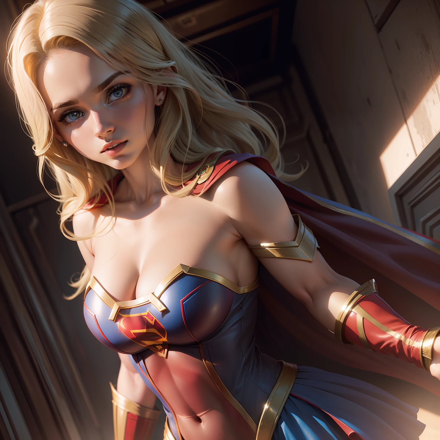 Mulher bonita cabelo curto corpo definido seios grandes, vestindo cosplay de Supergirl, p0rno, realistic and detailed hands