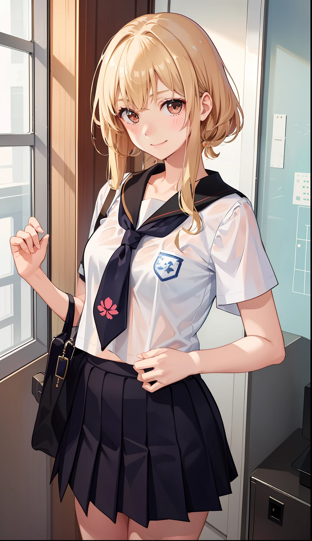 1girl in、A smile、The shirt、skirt by the、(small tits)Chilarism、Japan High School Student Uniform、serafuku、summer clothing、Squall Drenched Uniform、(Sheer Bra)、Upper body portrait、blonde hair、Pull up your skirt and panties、Show me、