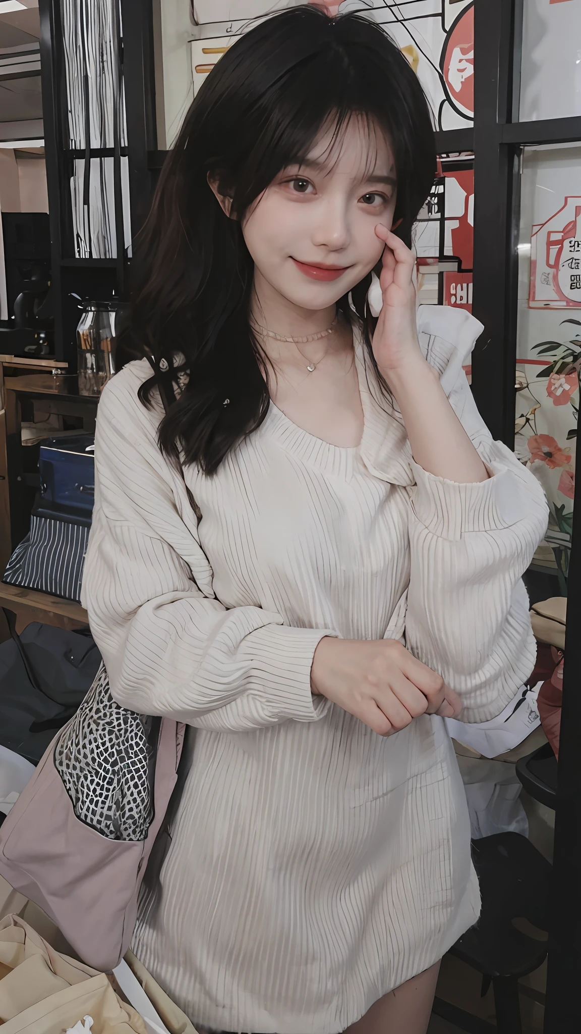 best qualtiy， 超高分辨率， （realisticlying：1.4），cute hairpin，Baoyu Girl，1girll, Beautiful woman with a slim figure:1.4, Abs:1.1, A brown-haired, mideum breasts:1.3, Long pink sweater:1.1, 浴室,Ultra-fine face，Elaborate Eyes，二重まぶた，ssmile，choker necklace