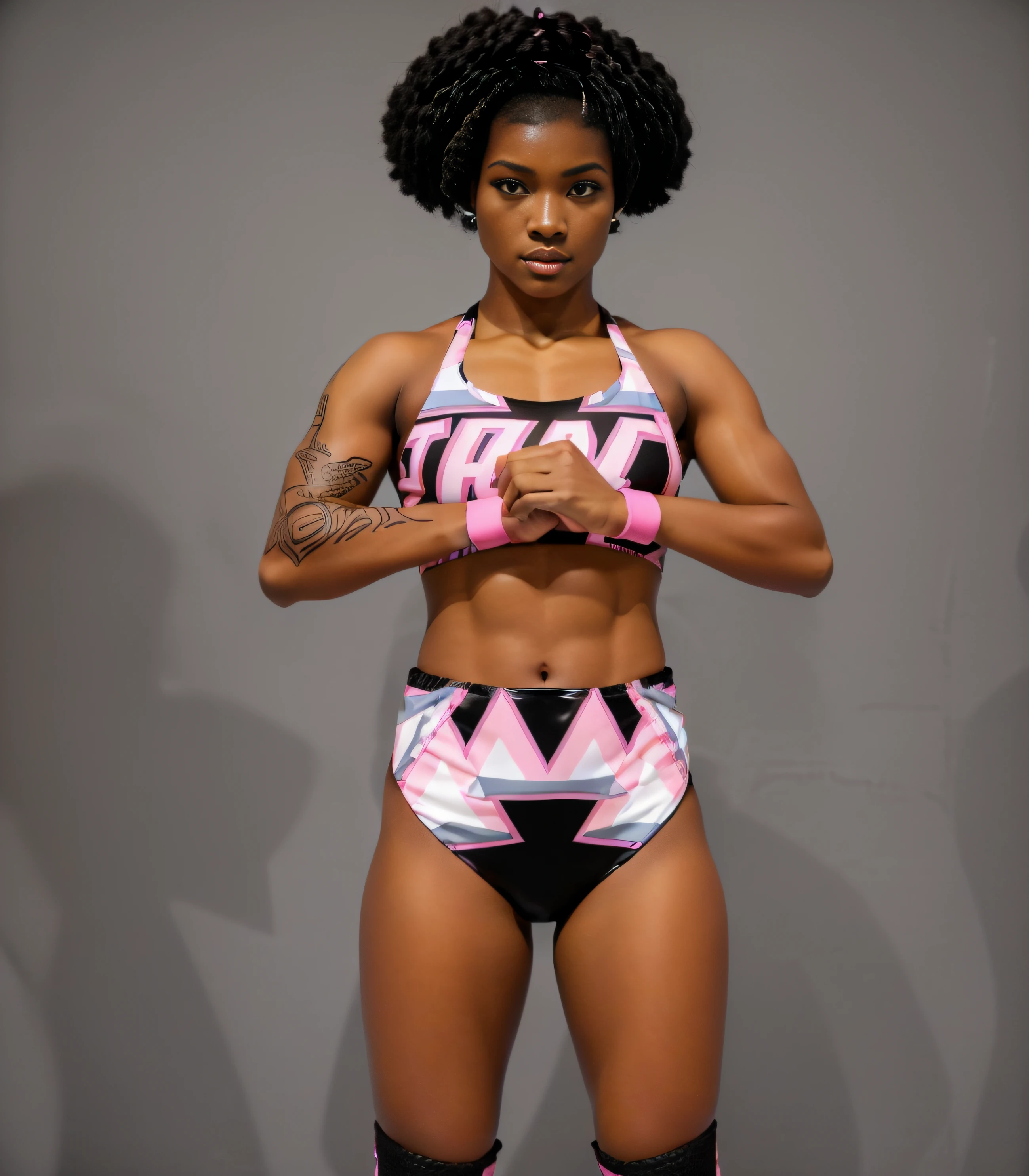 ((masterpiece, best quality)), Black female wrestler with small Afro, black medical tattoos, (in black pink and grey triangle patterned vinyl sports bra that says "TRACI"), black pink and grey triangle patterned vinyl high leg trunks, black pink and grey triangle patterned knee-pads, hot pink wristbands, ((photo realistic)), intricate details