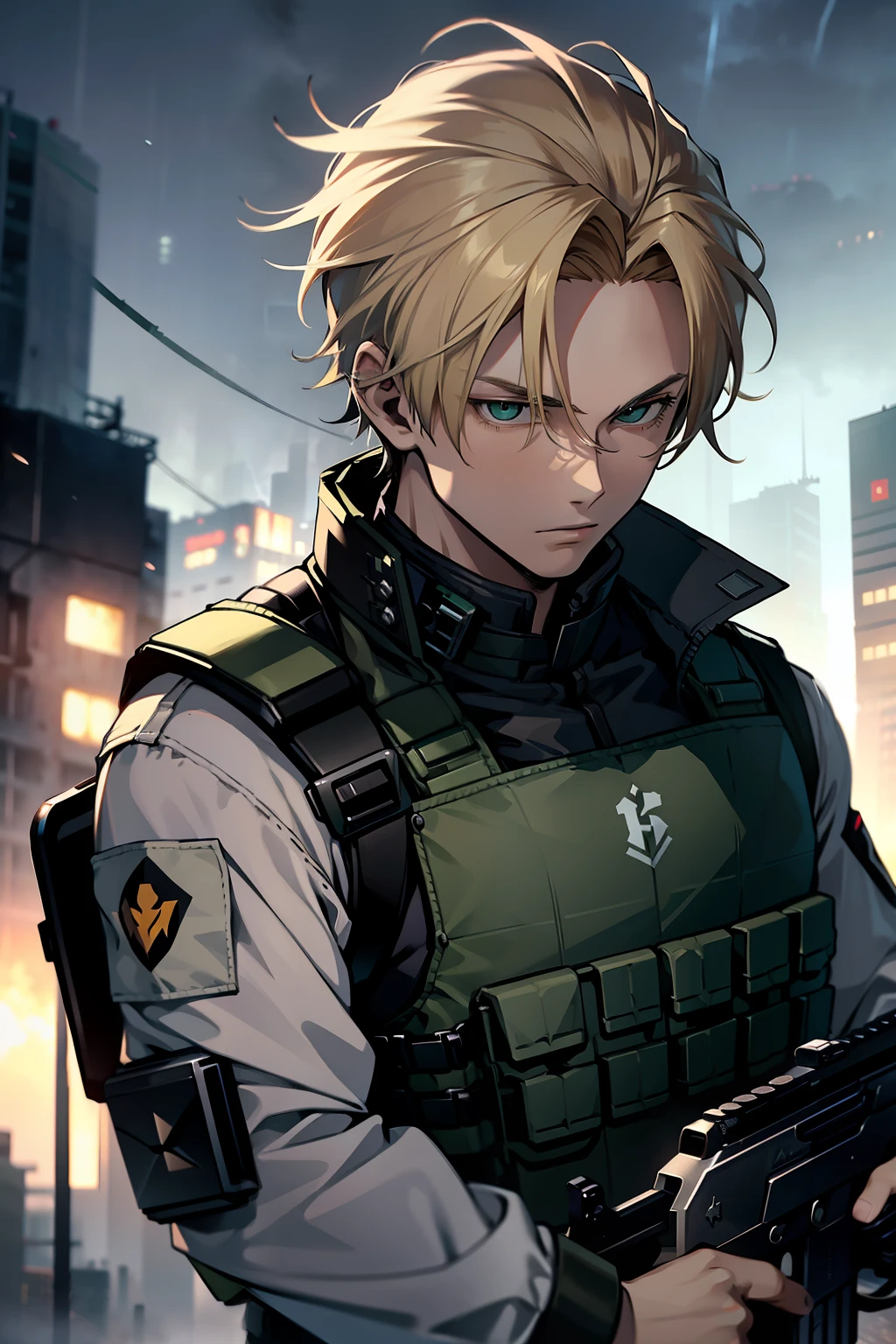 young man, medium blonde hair, 20s, black bulletproof vest, green army combat shirt, holding a submachine gun, in a thunderstorm, towers in the background