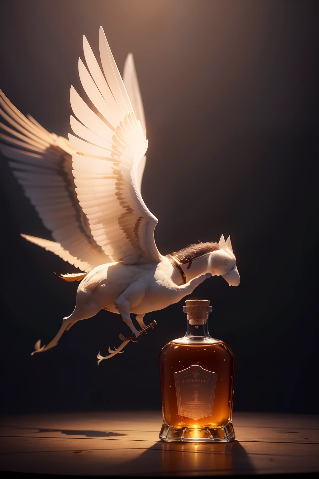 Design an image featuring a single whiskey bottle flying gracefully in mid-air. The bottle should have elegant wings sprouting from the sides, adding a touch of sophistication to its appearance. The label on the bottle should be exquisitely detailed, featuring intricate patterns and a golden embossed logo. The whiskey inside the bottle should have a rich, amber hue, and the bottle should be partially filled, showcasing the liquid's enticing color. The background of the image should be pure white, emphasizing the beauty and elegance of the flying whiskey bottle. Use lighting and shadows to create a sense of depth and dimension, making the bottle appear as if it's hovering effortlessly. The overall composition should exude a sense of refined luxury and intrigue, making the viewer wonder about the magical world where this flying whiskey bottle exists."
