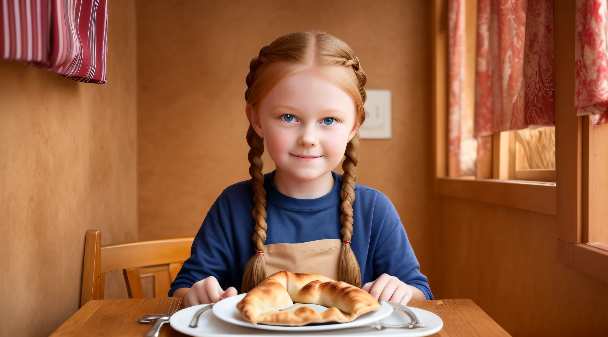 girl CHILD , Russian redheads in braids, There are four pieces of calzone on a plate