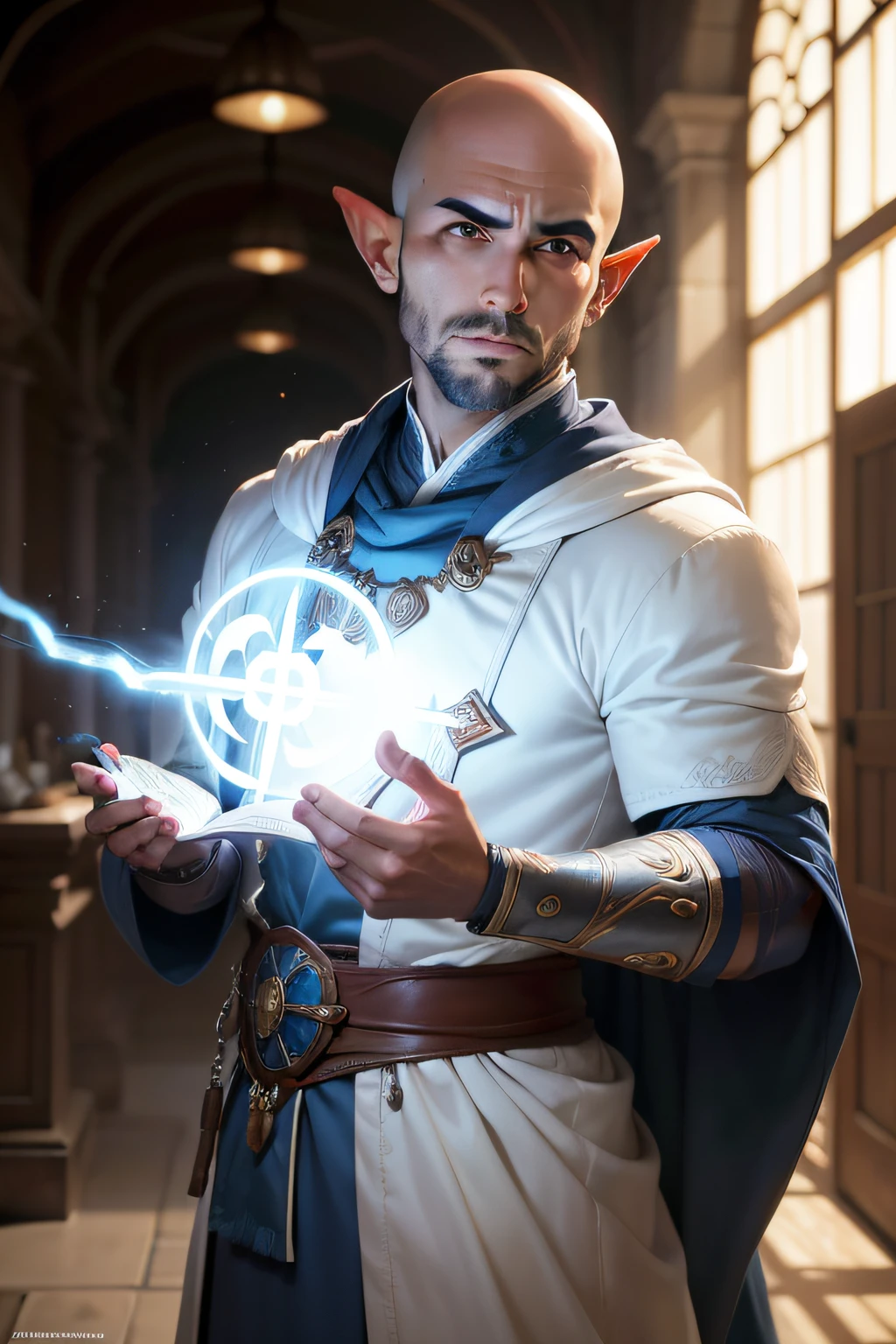 half-elf with a bald head and white and blue mage robe , david rios ferreira, Paulo Davey, Joel Torres, andres rios, Alejandro Mirabal, danilo torres, Paulo Heaston, foto do perfil, Juan Caloto, Karl Pilkington, ignacio fernandez rios, Foto de perfil do headshot, Aykut Aydogdu, victor maristane, Carregado