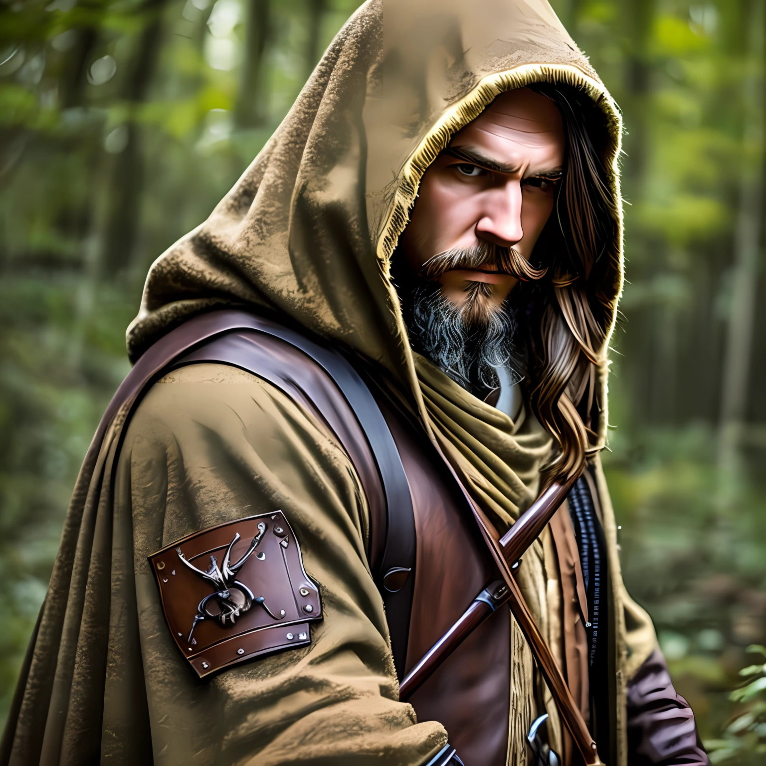 Man, long brown hair, bearded, medieval druid hunter, in the middle of a dense forest at night, hooded, medieval style, realistic, ultra detailed