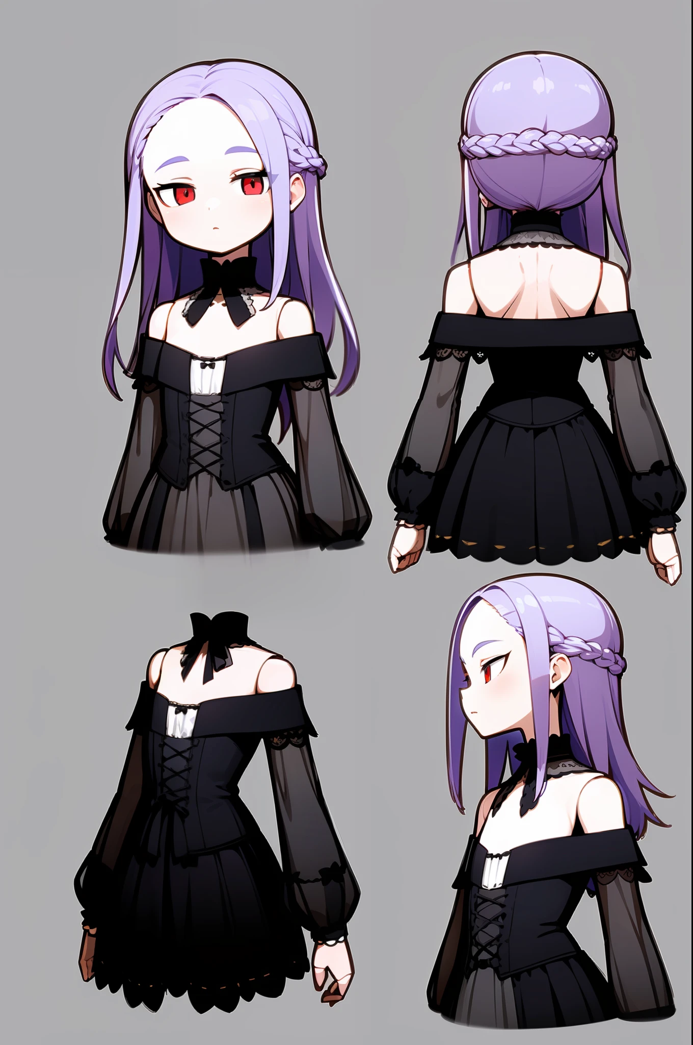 masterpiece, illustration, best quality, ++, 1girl, solo, light purple hair, long hair, french braid, single sidelock, forehead, red eyes, multicolored eyes, small breasts, flat chest, loli, victorian dress, embellished dress, black dress, corset, neckwear, off-shoulder dress, frills, doll, doll joints, ++, ((character reference sheet, same character in different poses, character turnaround, multiple views)), (transparent background, gray background:1.2), arms behind back, upper body, portrait, cold, neutral