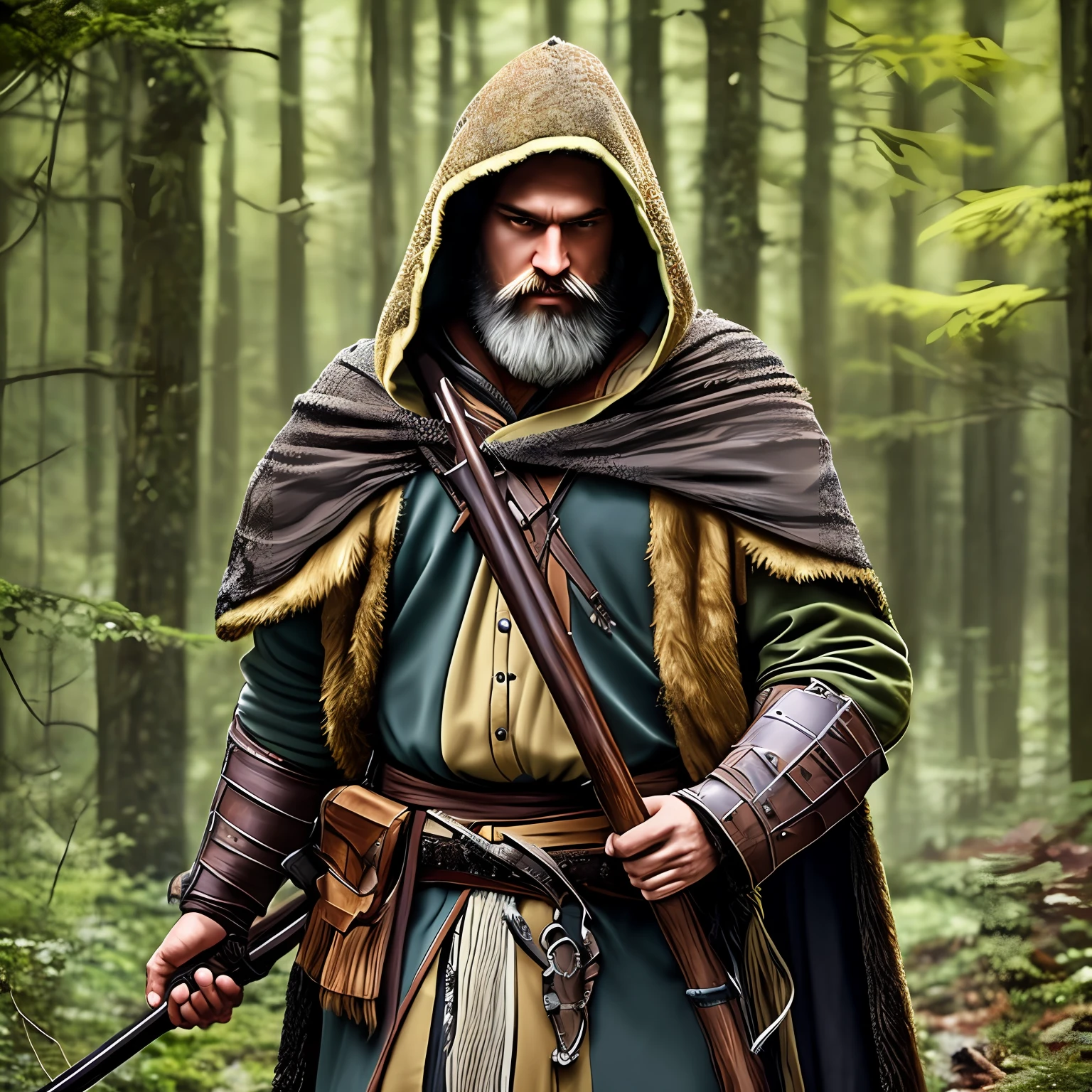 Man, long brown hair, bearded, medieval druid hunter, in the middle of a dense forest at night, hooded, medieval style, realistic, ultra detailed