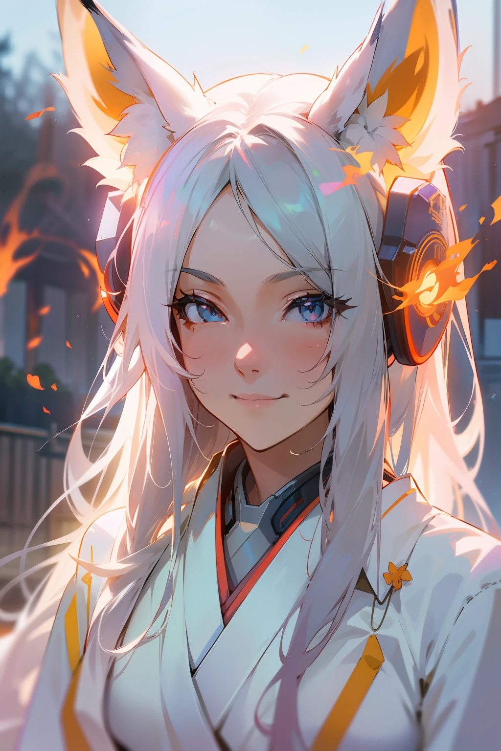 fox ears, white futuristic kimono, 1girl, nude shoulder, smirk, fire, ((futuristic countryside in japan)), volumetric light, 8k, colorful, long hair