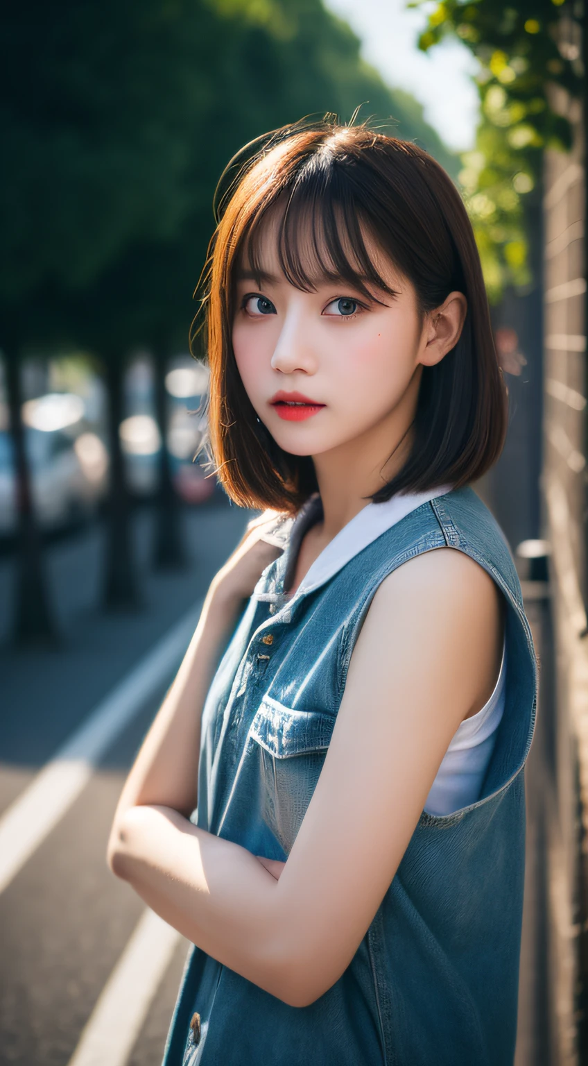 ​masterpiece, top-quality, Raw foto, Photorealsitic、full body Esbian、 beautiful a girl, cute little, shorth hair, depth of fields, hight resolution, ultra-detailliert, finely detail, ighly detailed, extremely detailed eye and face, Sharp pupils, Realistic pupils, foco nítido, Cinematic lighting、small tits、In the street、Casual wear