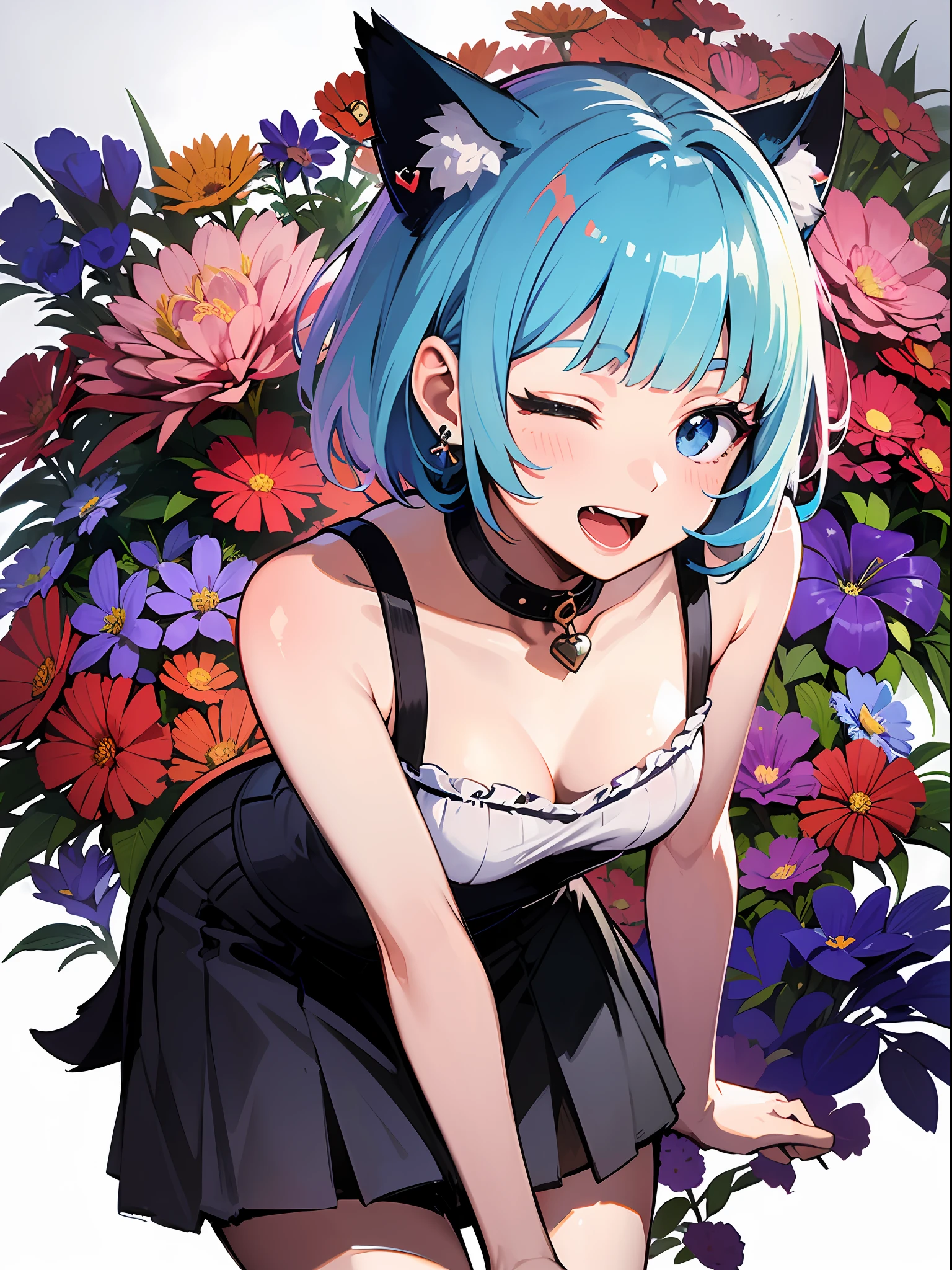 (masterpiece:1.3), (best quality:1.3), high resolution,
couboy shot,
leaning forward, body facing forward,
(one cute girl:1.3), solo,
white skin, small Breast, eight-headed person,
light blue hair, (bobbed hair:1.2), (short hair:1.1), (blunt bangs:1.2), beautiful hair, blue eyes, beautiful detailed eyes,
open mouth, heart, cheerful smile, one eye closed,
sleeveless dress, cat ears, miniskirt, earrings,
flower garden, (white background:1.2), simple background,
shadowlighting,