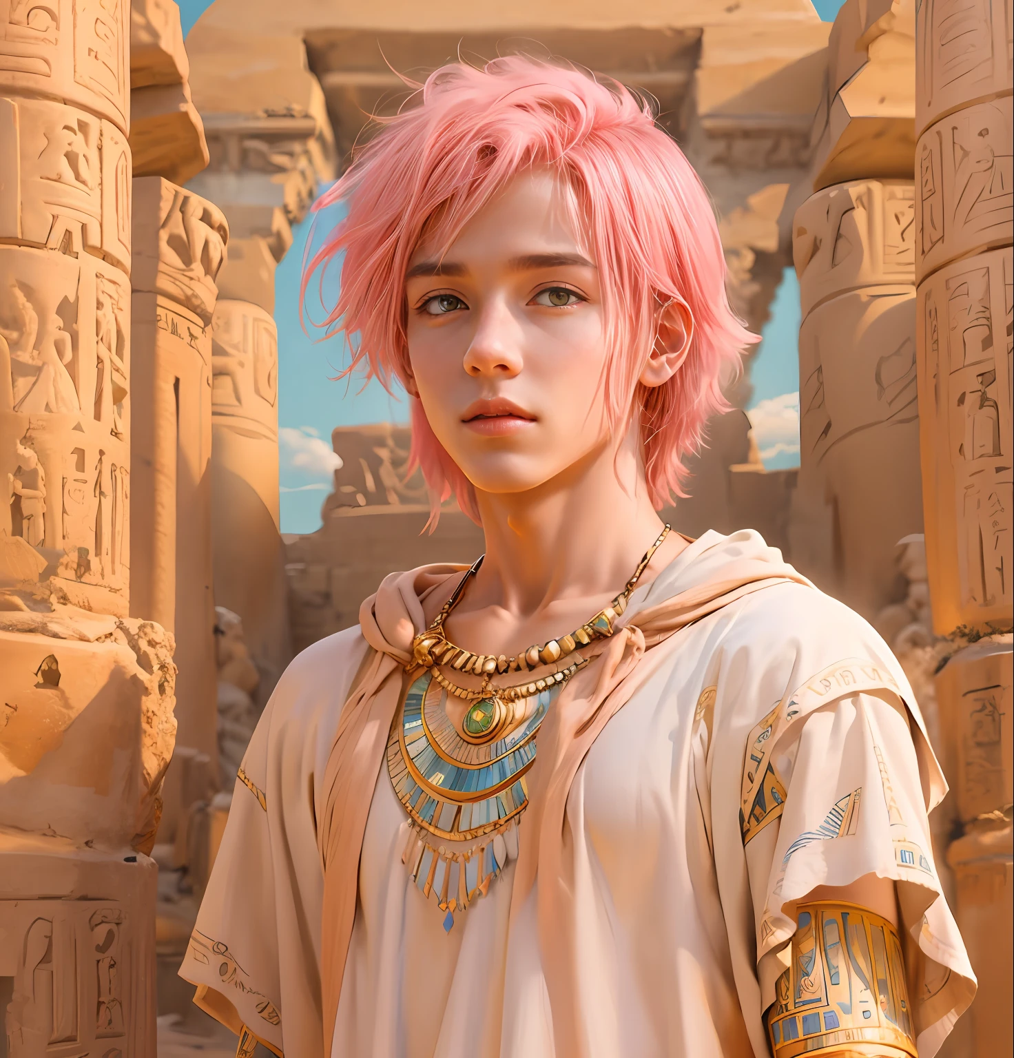 A 15-year-old boy with pink hair is a man who has honey-colored eyes in the background of ancient Egypt you can see the pyramids