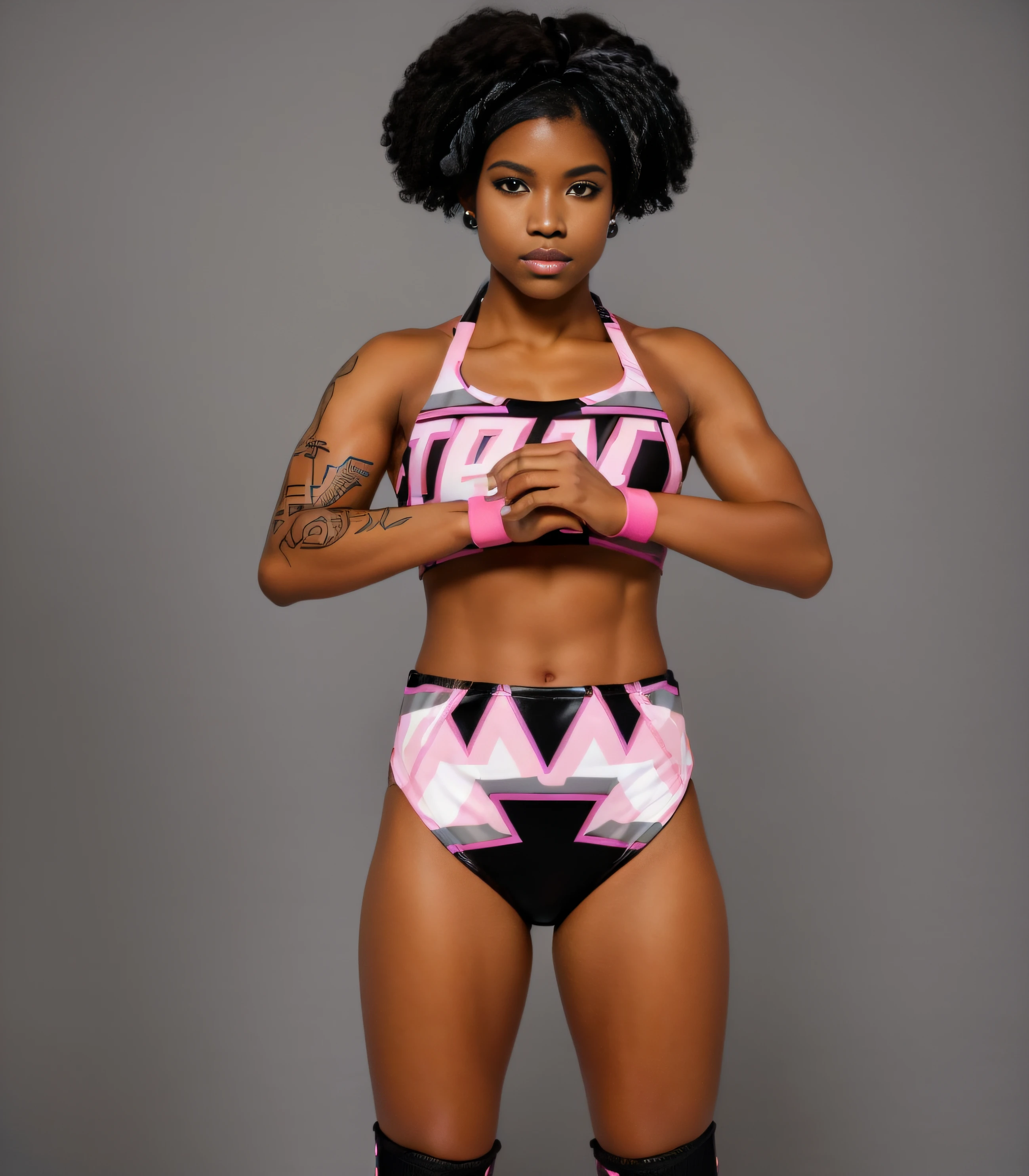 ((masterpiece, best quality)), Black female wrestler with small Afro, black medical tattoos, (in black pink and grey triangle patterned vinyl sports bra that says "TRACI"), black pink and grey triangle patterned vinyl high leg trunks, black pink and grey triangle patterned knee-pads, hot pink wristbands, ((photo realistic)), intricate details